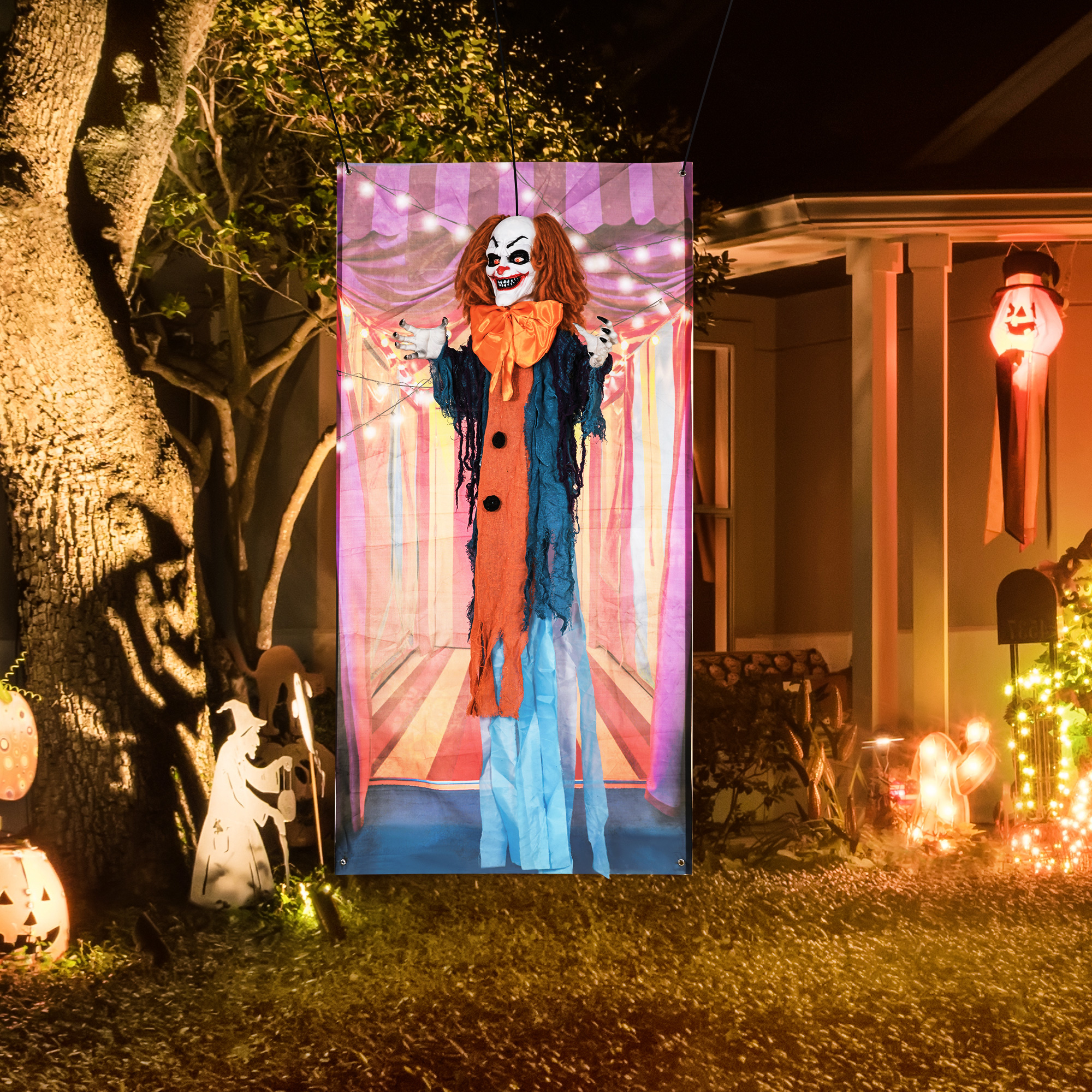 Horrorclown, Helloweendeko, aktiviert mit Geräusche/Berührung, rote Augen, Sound, 168 cm