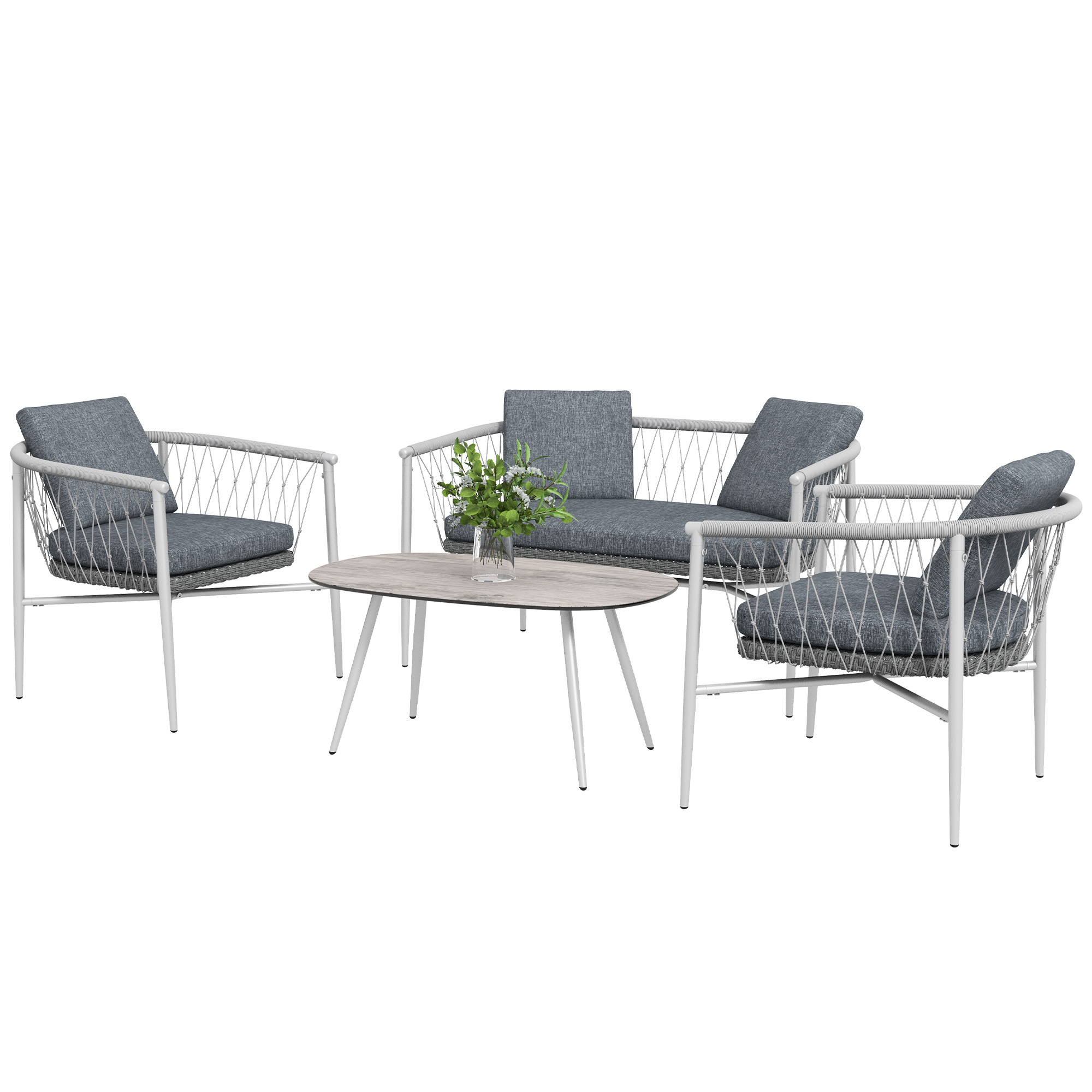 Gartengarnitur, 4-teilig, Schaukelfunktion, Sitzauflagen, Polyrattan, Metallgestell, Grau