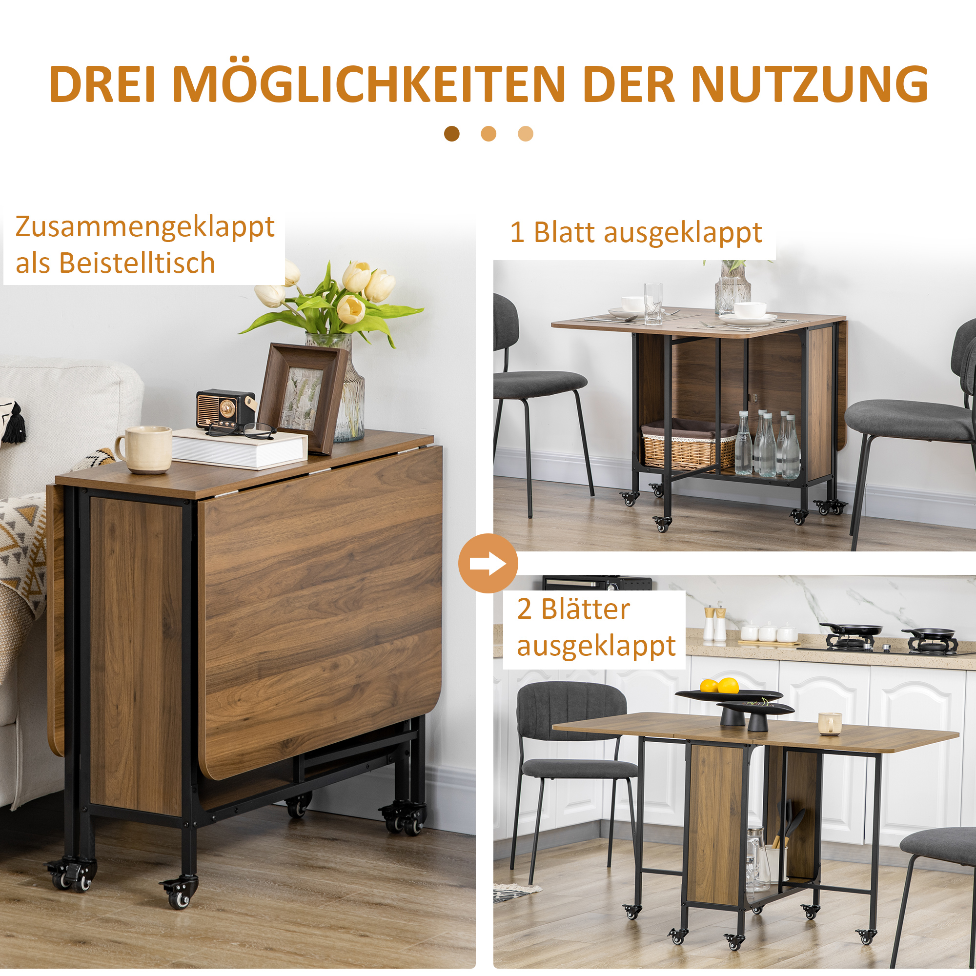 mobiler Klapptisch Klapptisch, 2 klappbare Flächen, 130 cm x 80 cm x 74 cm, Braun