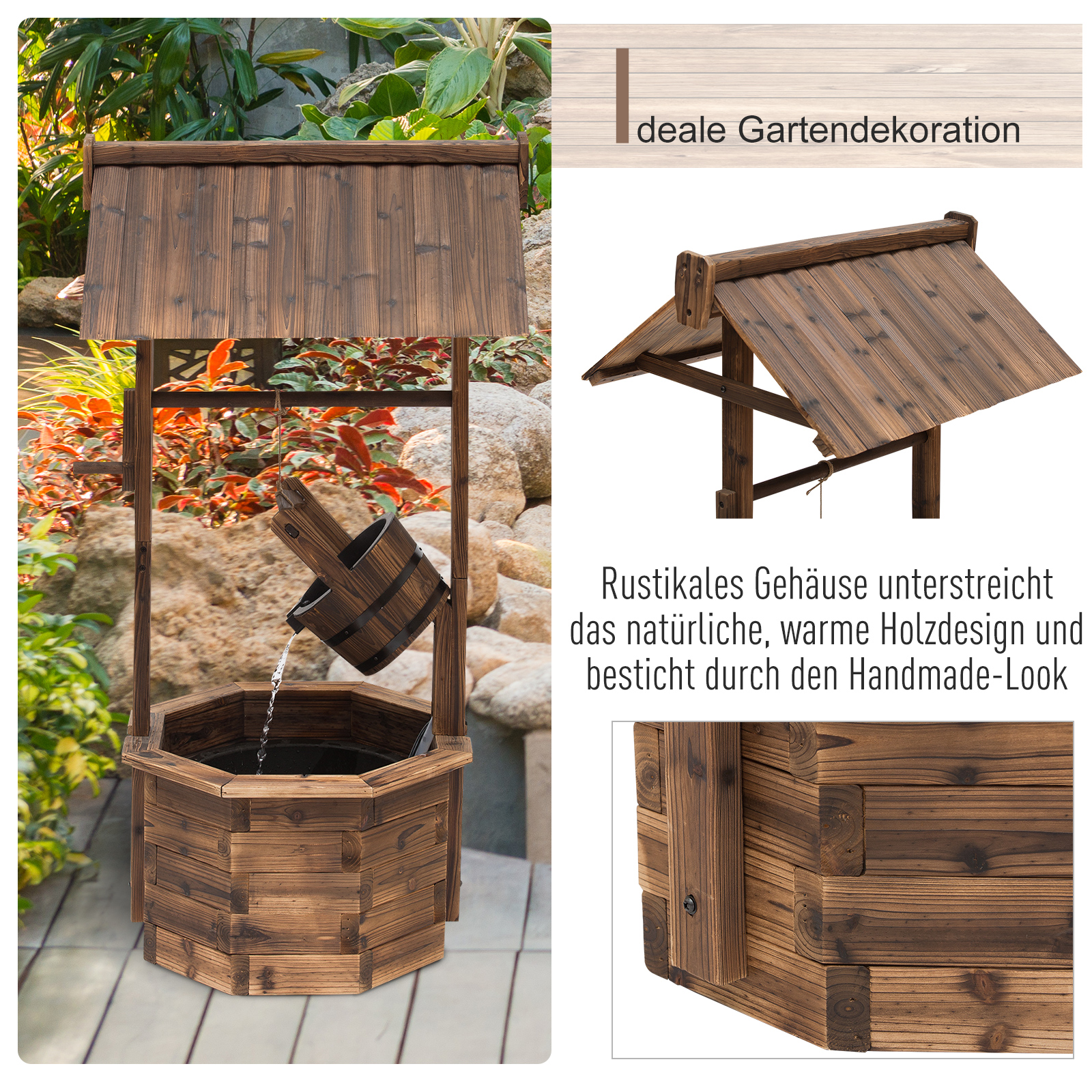 Gartenbrunnen, Zierbrunnen, Springbrunnen, Wasserfall, Regulierbar, Massivholz, Braun, 68 x 57 x 118 cm