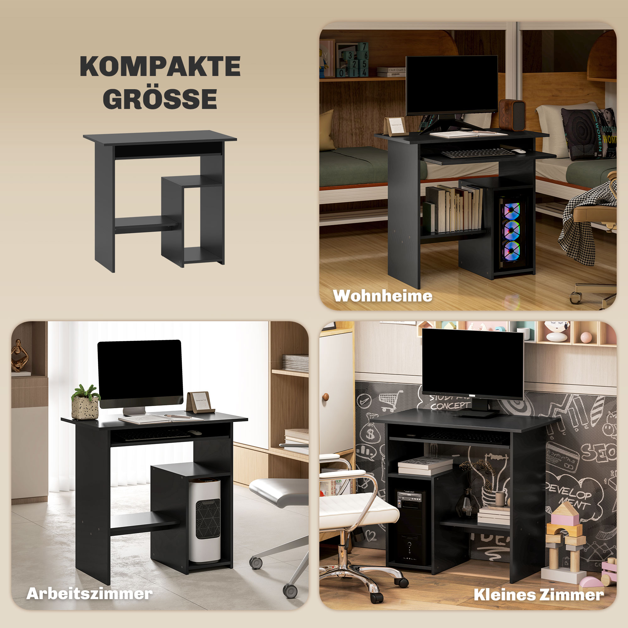 Computertisch, Schreibtisch, Spanplatte, Metall, 80 x 45 x 75 cm, Schwarz