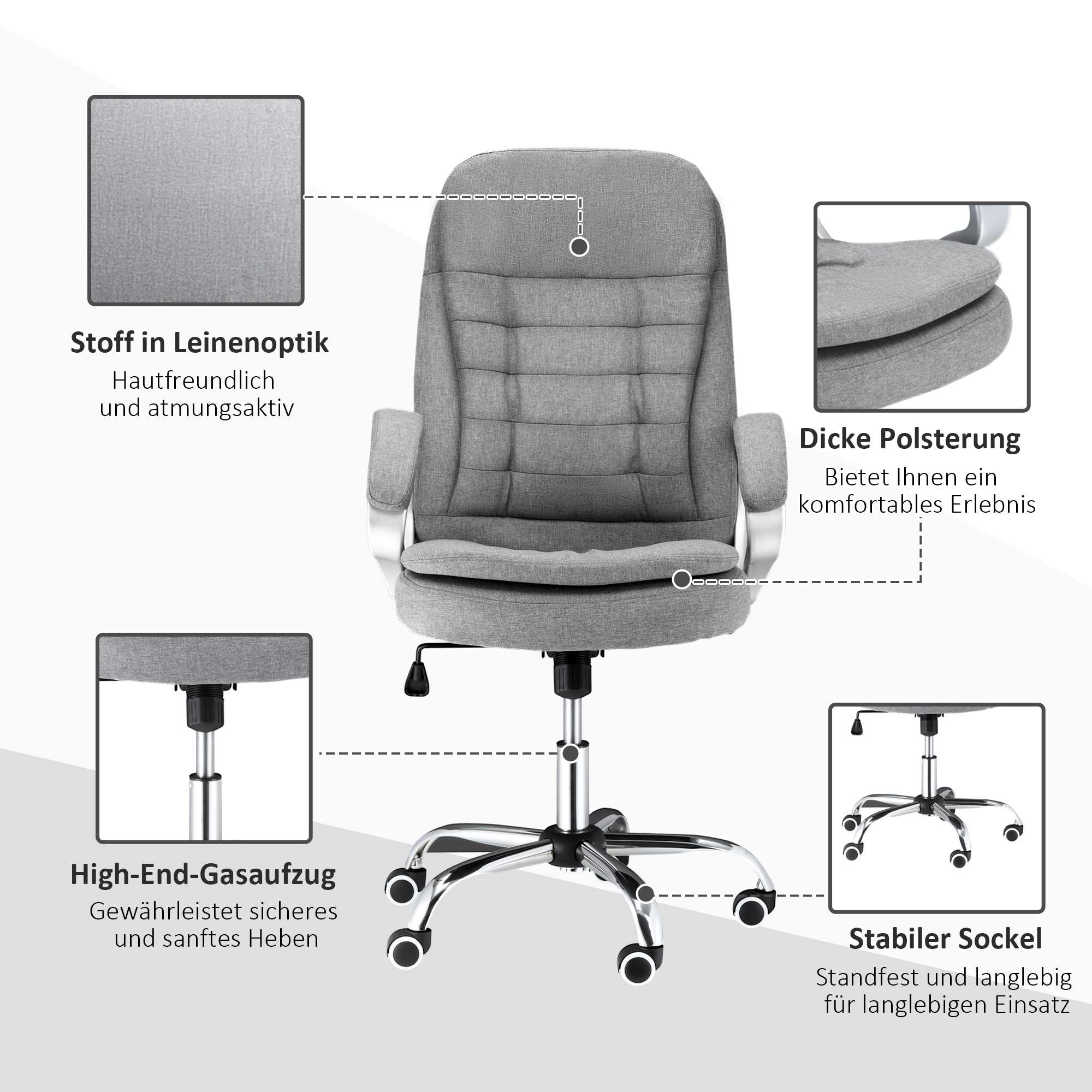 Bürostuhl Arbeitsstuhl Schreibtischstuhl Drehstuhl 360° Ergonomisch Wippfunktion Höhenverstellbar Grau Leinen 64 x 75 x 111-121 cm