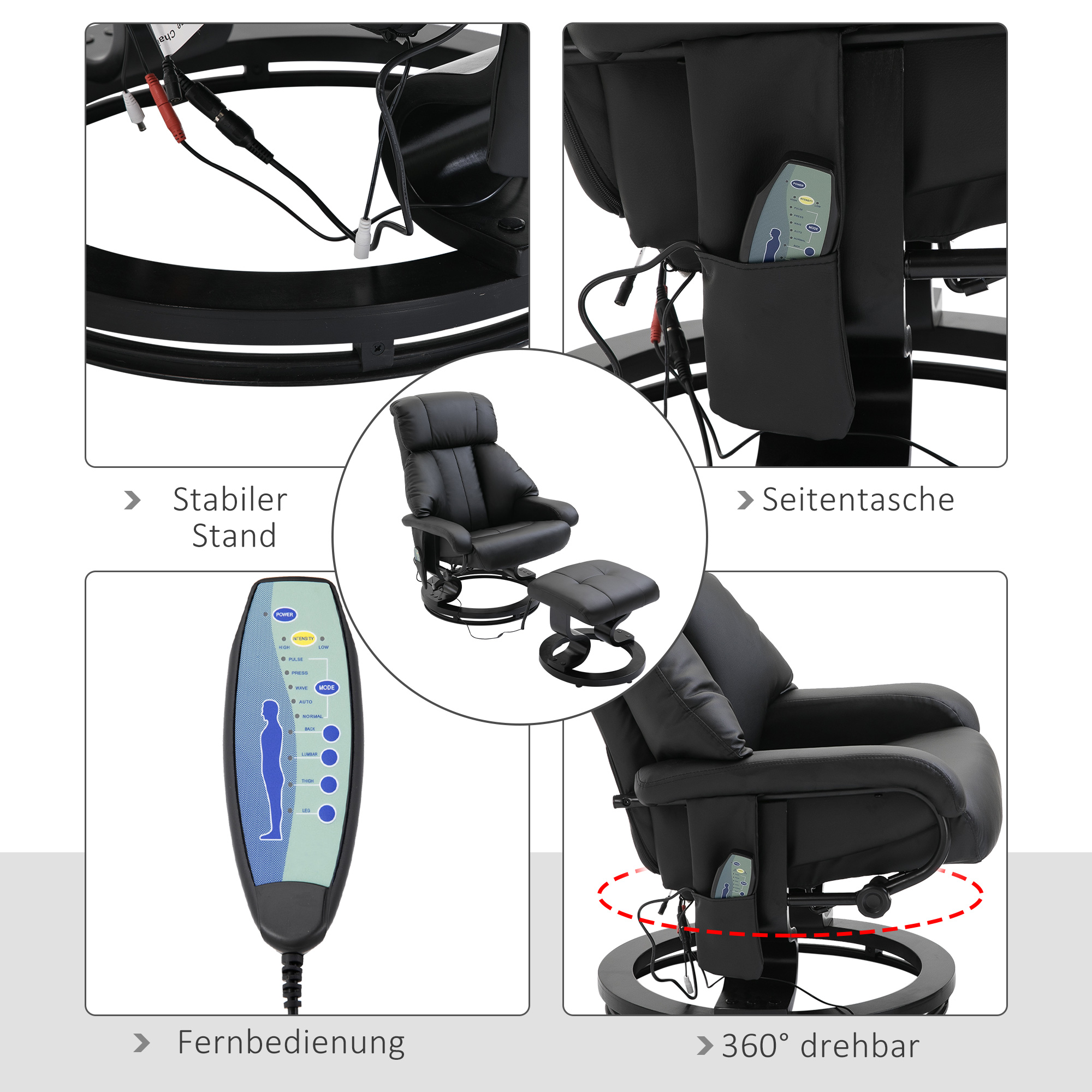 Massagesessel mit Fußhocker, 10 Vibrationspunkte, 145° verstellbare Rückenlehne, Schwarz