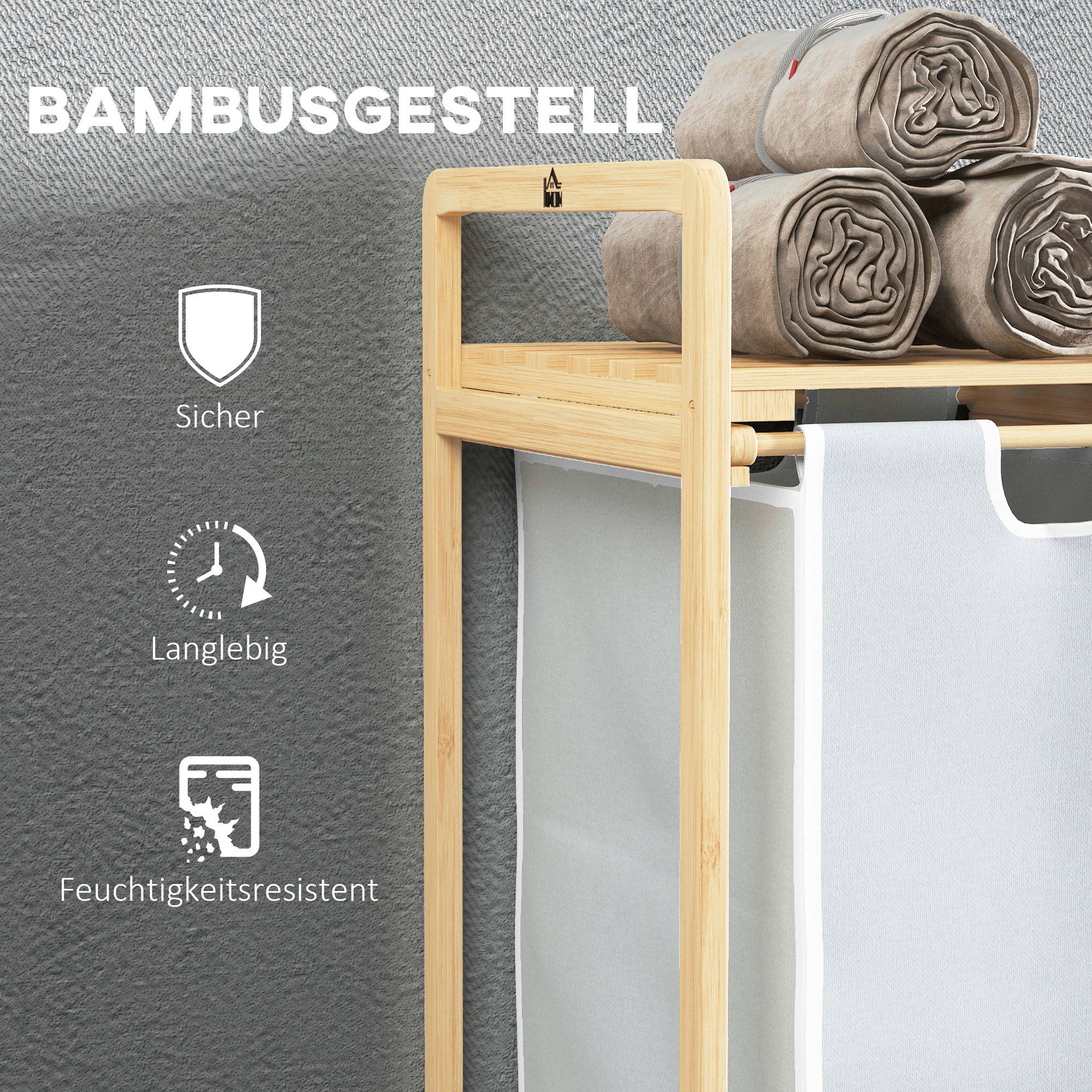 Wäschekorb mit 2 Waschsäcken, 1 Ablage, Bambus, 63,5 cm x 33 cm x 73 cm, Hellgrau + Natur