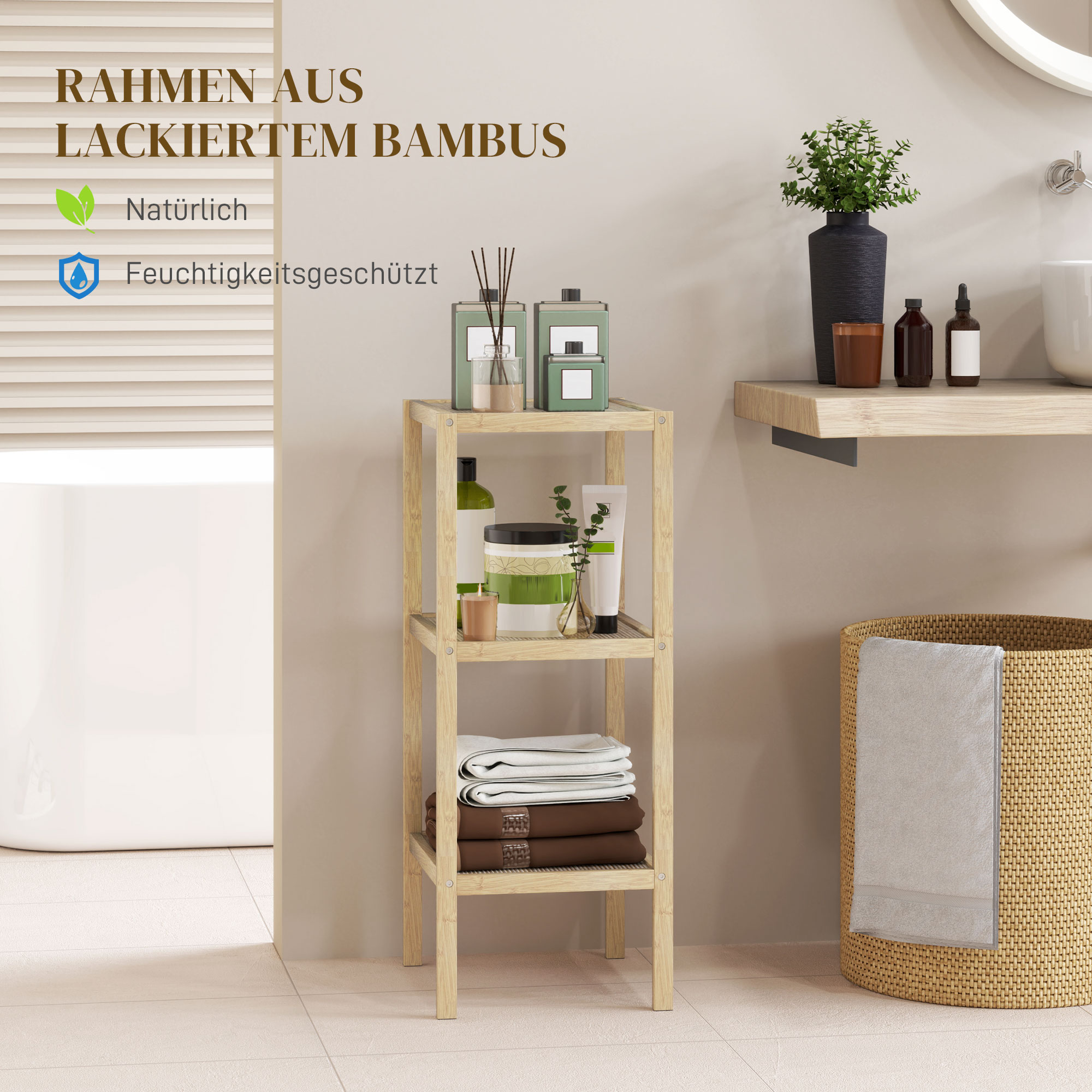 Badezimmerregal, 3 Etagen, feuchtigkeitsbeständig, Bambus, 33 x 31 x 78 cm