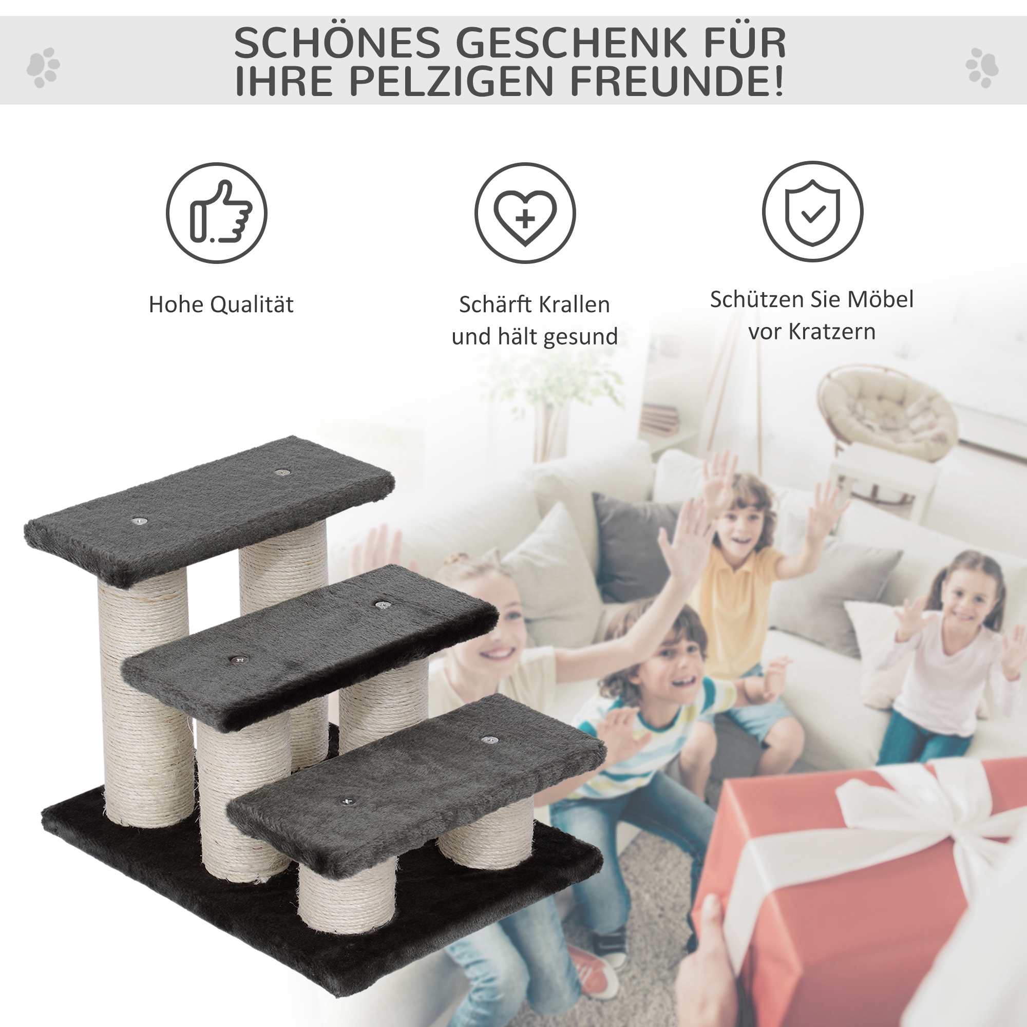 Hundetreppe 3 Stufen 34 cm Hoch Haustiertreppe für Hunde Katze Katzentreppe mit Kratzstamm Hunderampe Einstiegshilfe für Bett, Sofa, Couch Dunkelgrau