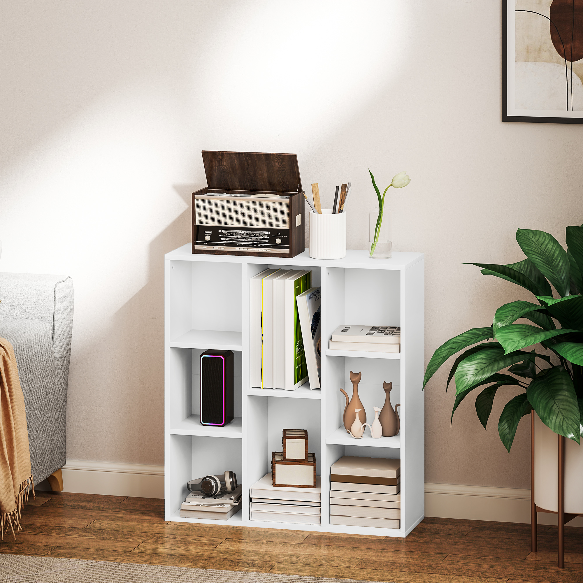 3-Ebenen-Bücherregal, 8 Fächer, Spanplatte, Aufbewahrungsregal, Weiß