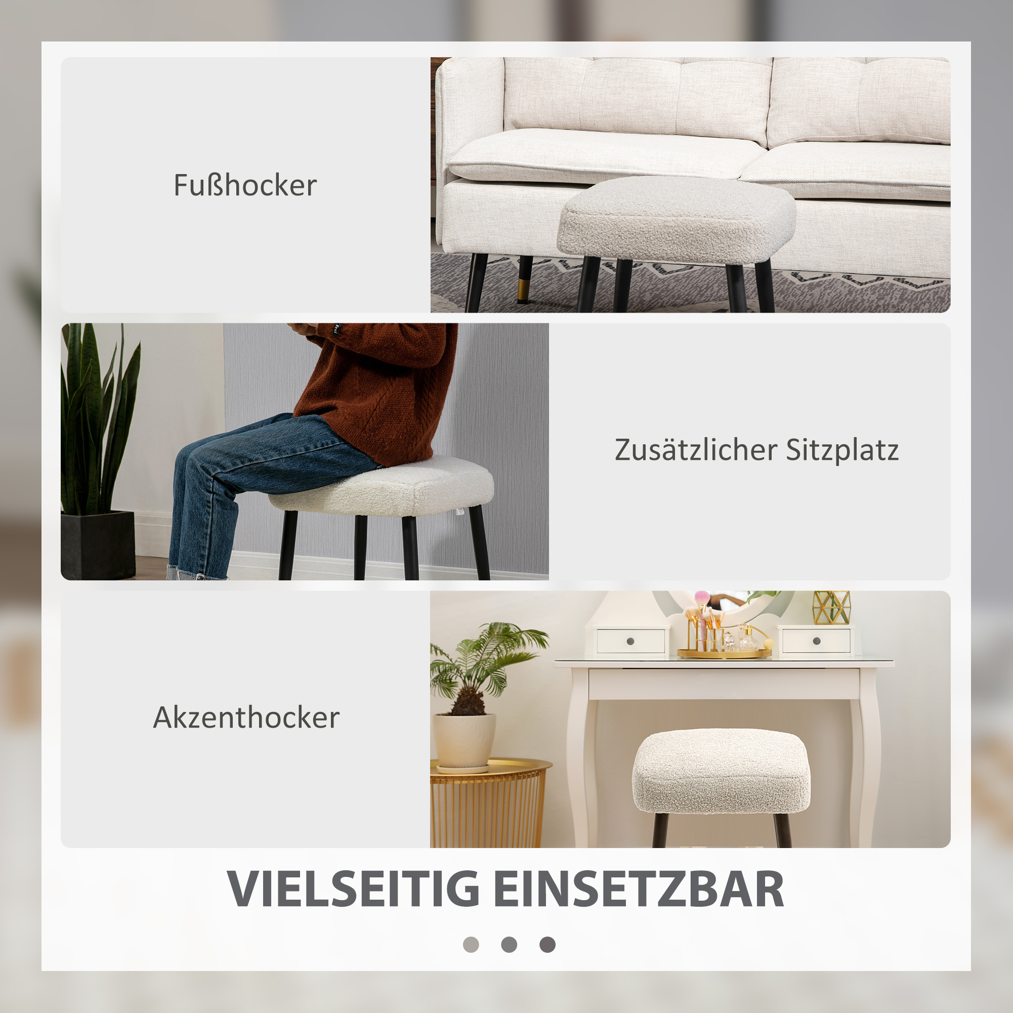 Hocker, Fußstütze, gepolsterter Sitz, Kaschmir-Optik, Stahlbeine, 42 x 42 x 44 cm, Hellgrau
