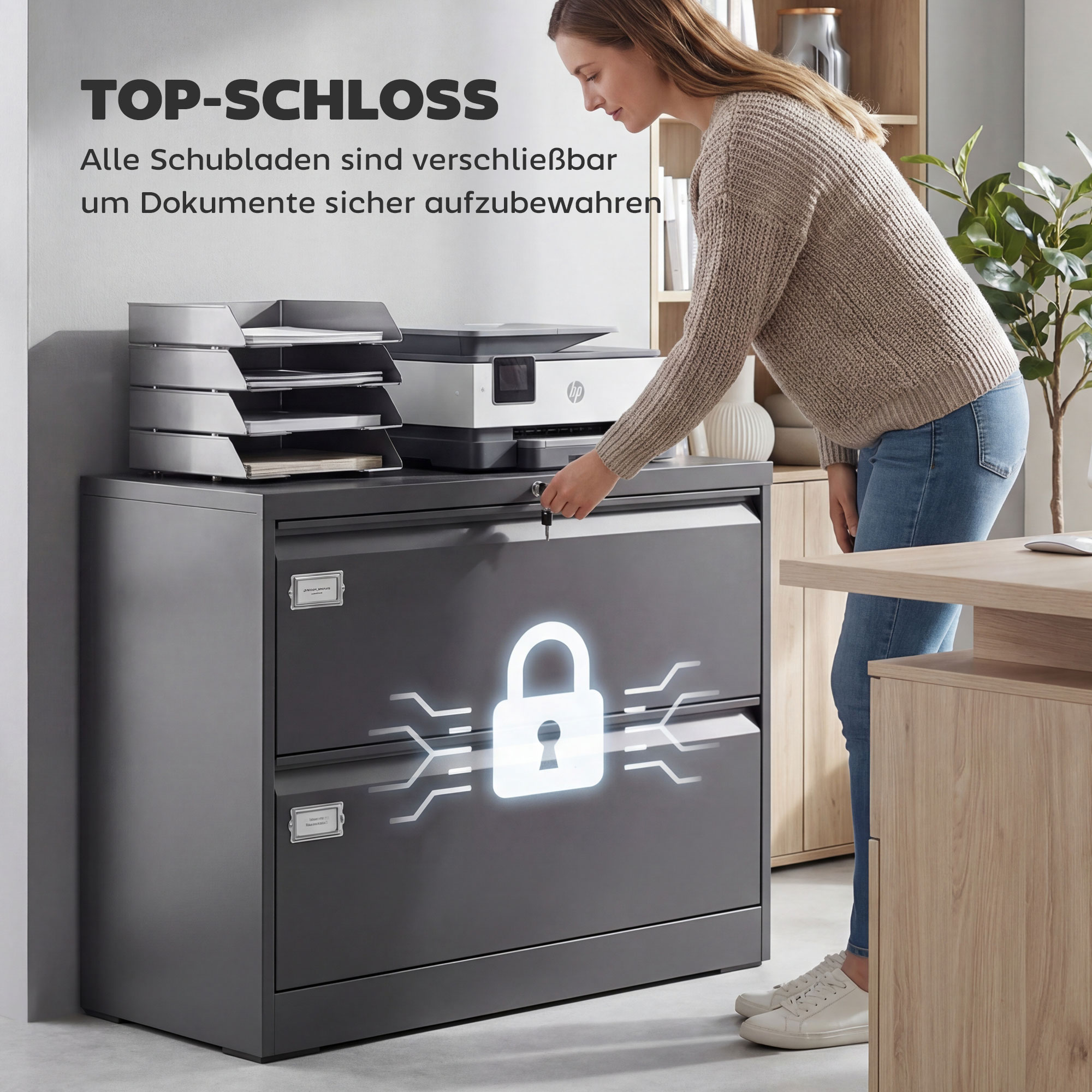 Rollcontainer mit 2 Schubladen abschließbar Aktenschrank mit verstellbarem Hängeregistratur 90 x 40 x 77,4 cm Schwarz