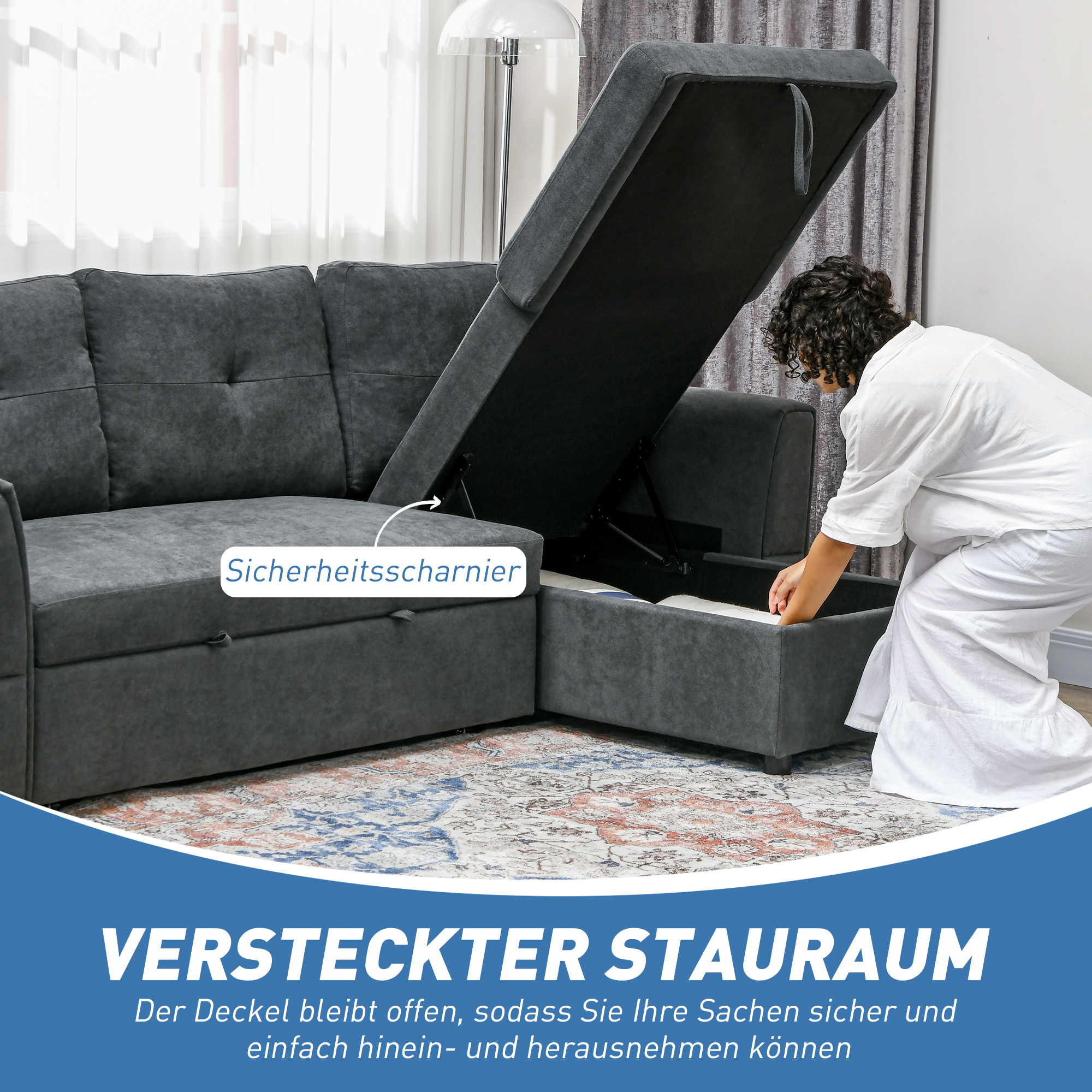 3-Sitzer-Sofa mit Bettfunktion, Schlafsofa mit Chaiselongue, Polstersofa, Dunkelgrau