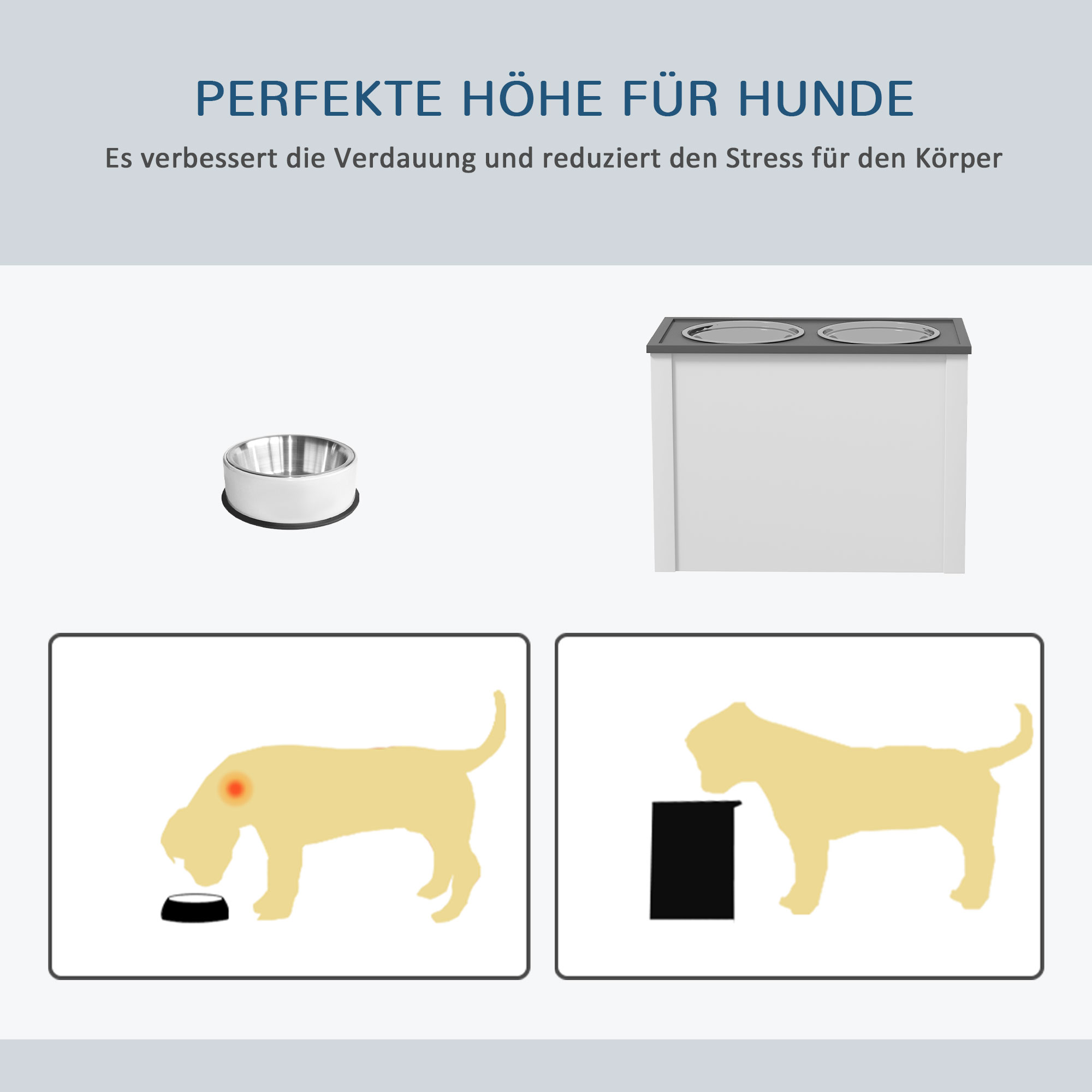 Futterstation erhöhte Fressnäpfe 1 Stauraum 2 Edelstahl-Futternäpfe, 60 x 30 x 42cm, Weiß + Grau