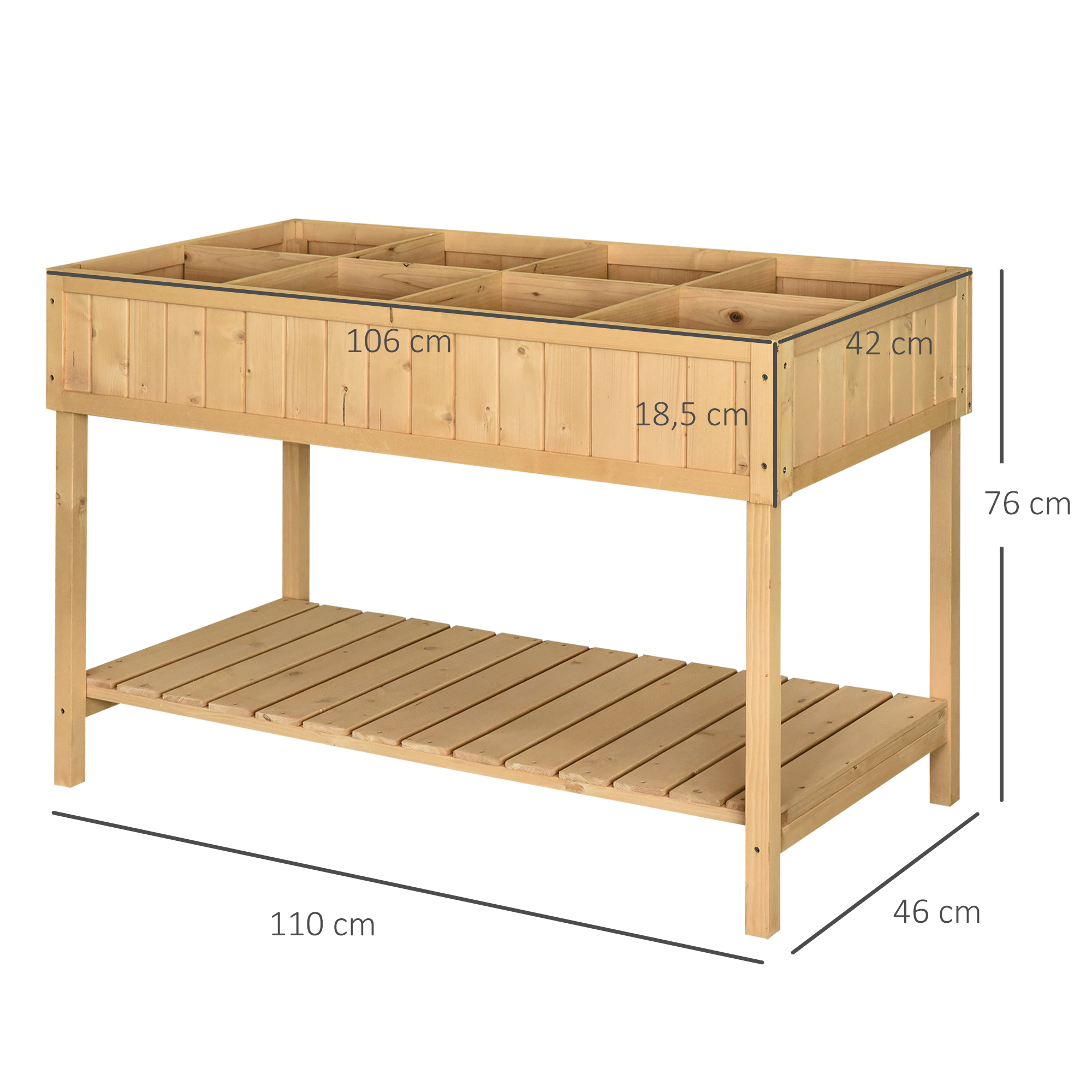 Hochbeet 8 Fächer Pflanztisch Blumenkasten Tannenholz 1 Ablage + Abfluss