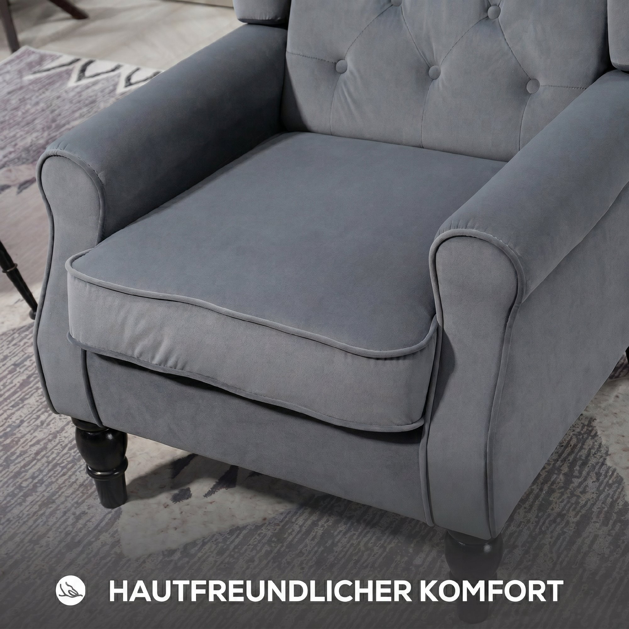 Ohrensessel Relaxsessel Sessel, Vintage-Design, Knopfheftung, gedrechselte Beine, 74 cm x 86 cm x 102 cm, Grau