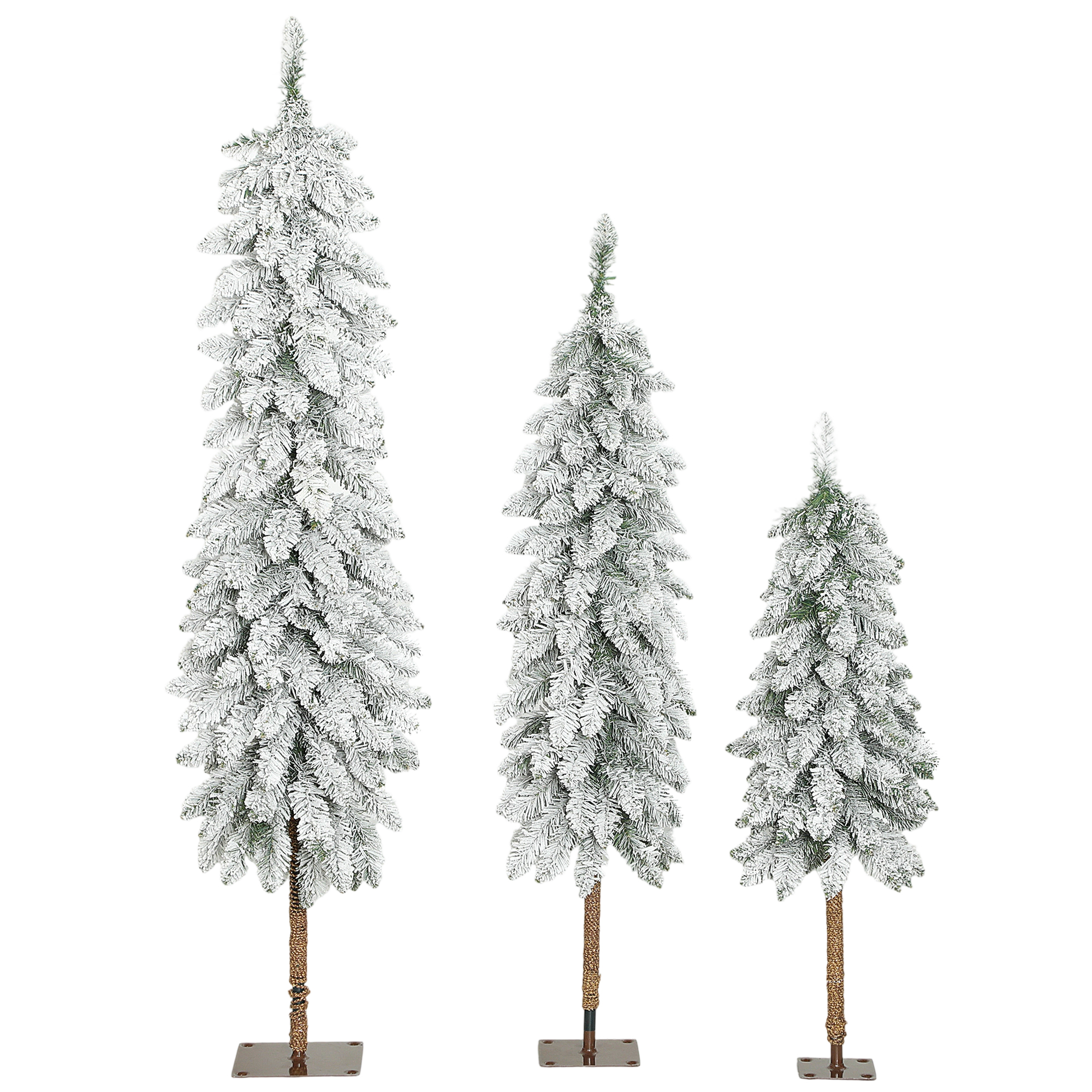 3er-Set schneebedeckte künstliche Tannenbäume, 3 Größen, Metallständer, flammenhemmend, Kunststoff, Grün+Weiß