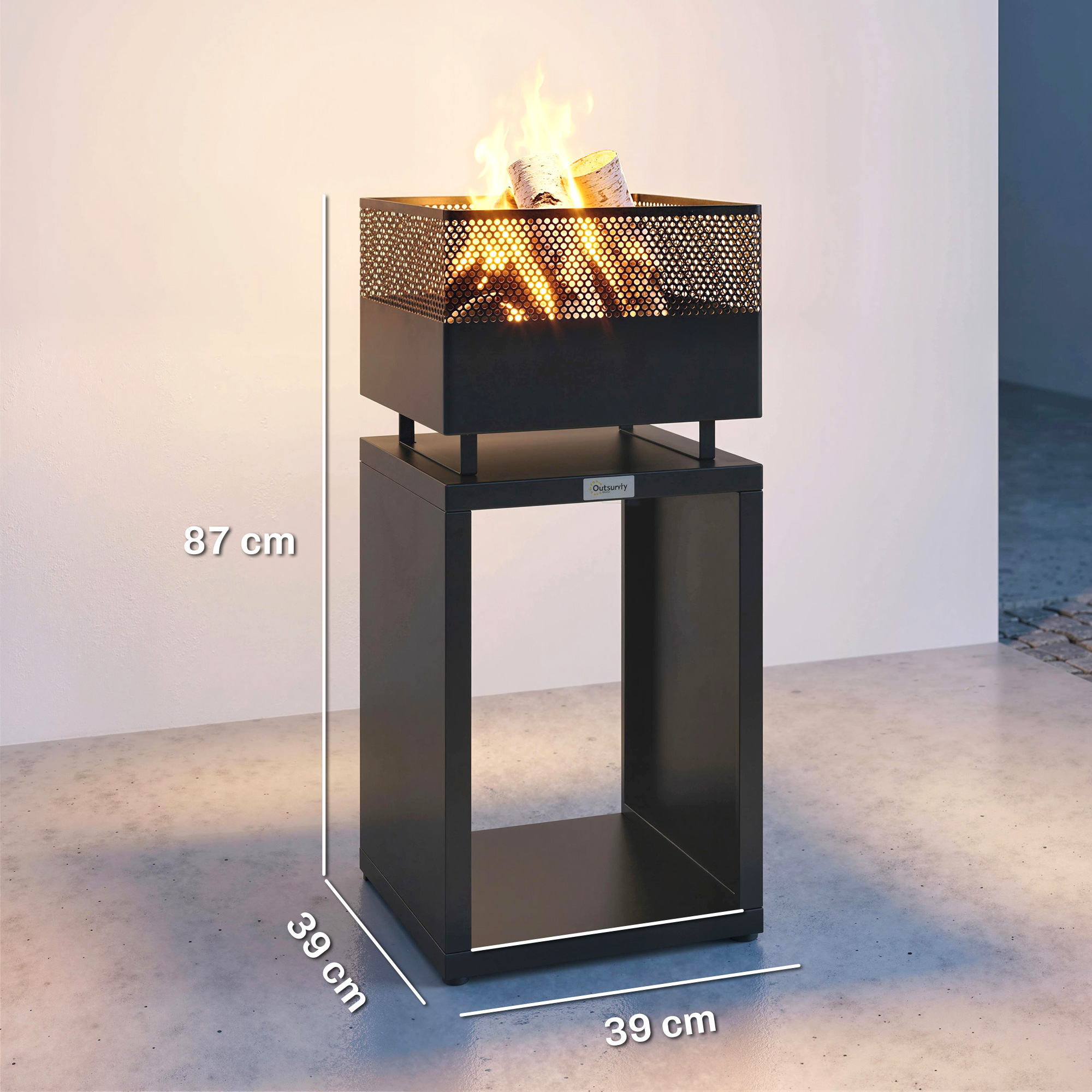 Feuerschale 39 x 39 x 87 cm Feuerstelle mit Holzlager Kohlegitter verstellbaren Füßen, Schwarz
