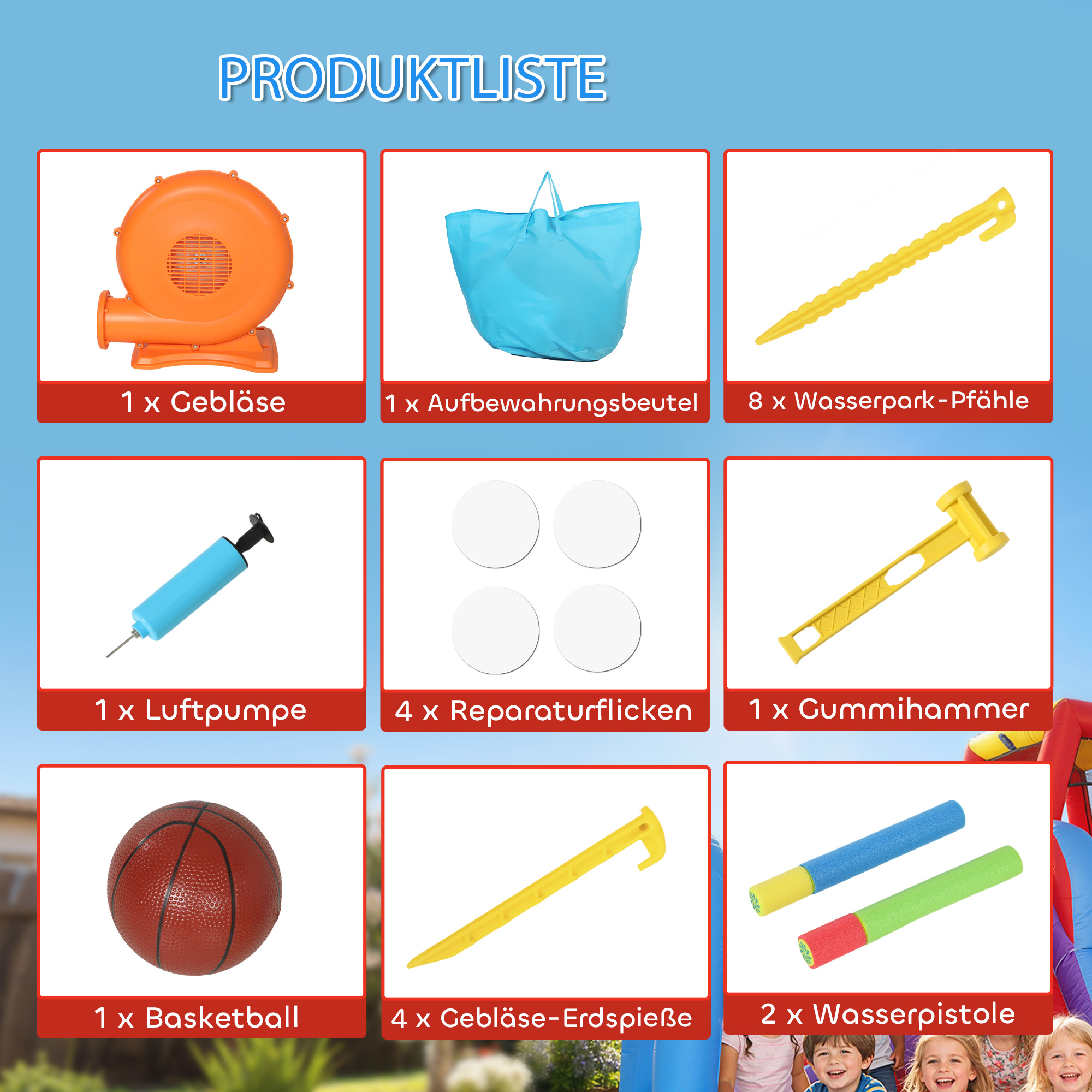 Hüpfburg Aufblasbar Spielcenter mit Gebläse Rutsche Trampolin Planschbecken/Bällebad Wasserpistole 364x173x182 cm Blau