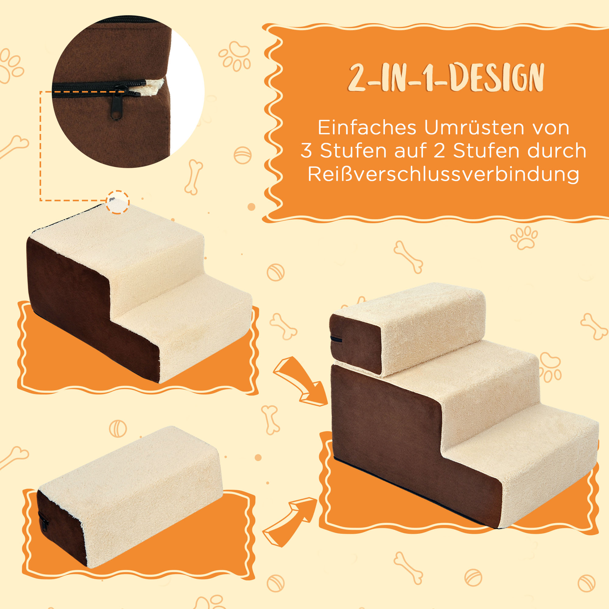 Haustiertreppe Hundetreppe Katzentreppe 3 Stufen für Katzen und Hunde Plüsch Beige 54 x 40 x 39cm