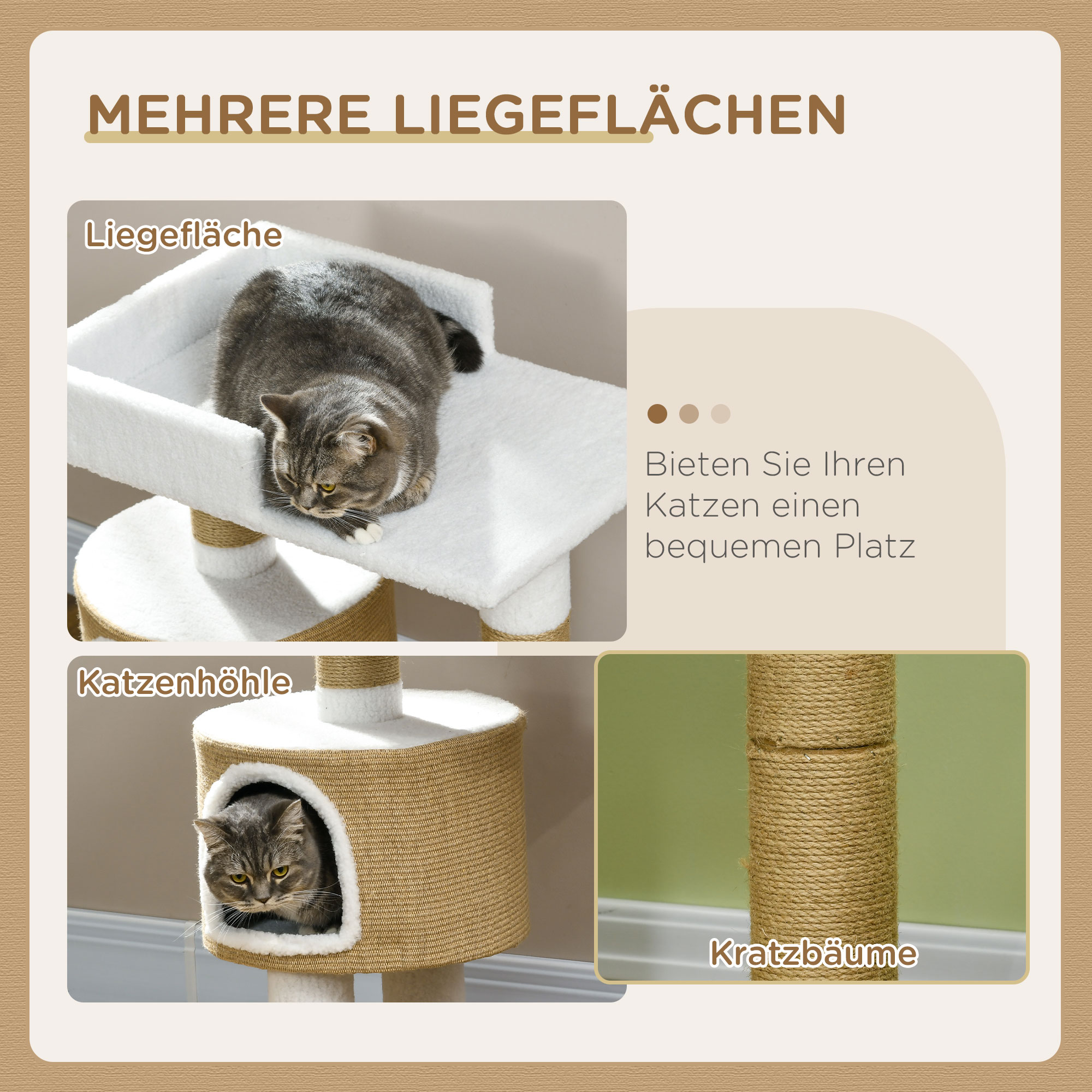 Kratzbaum Katzenbaum Katzenhöhle, 1 Katzenhöhle, 1 Liegefläche, 70 cm  x 49 cm x 79 cm, Natur + Weiß