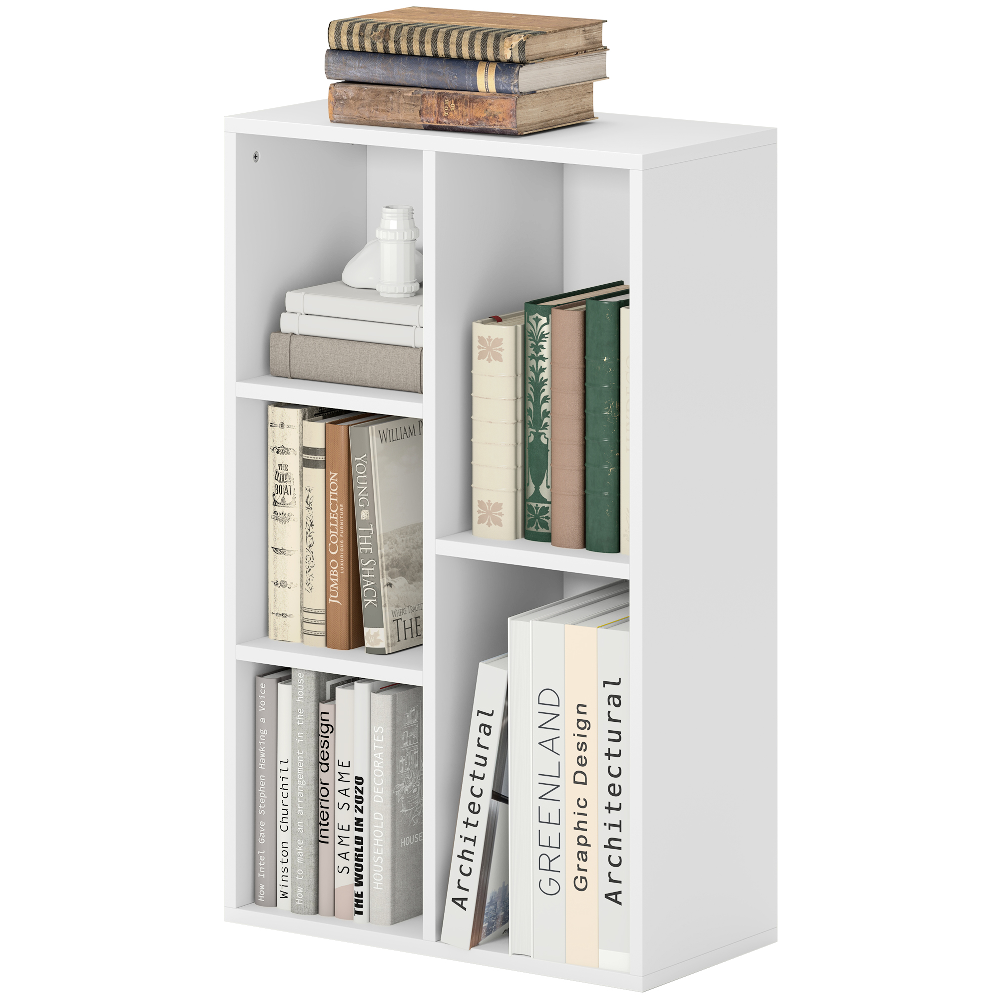 2-Ebenen-Bücherregal, 5 Fächer, Spanplatte, Aufbewahrungsregal, Weiß