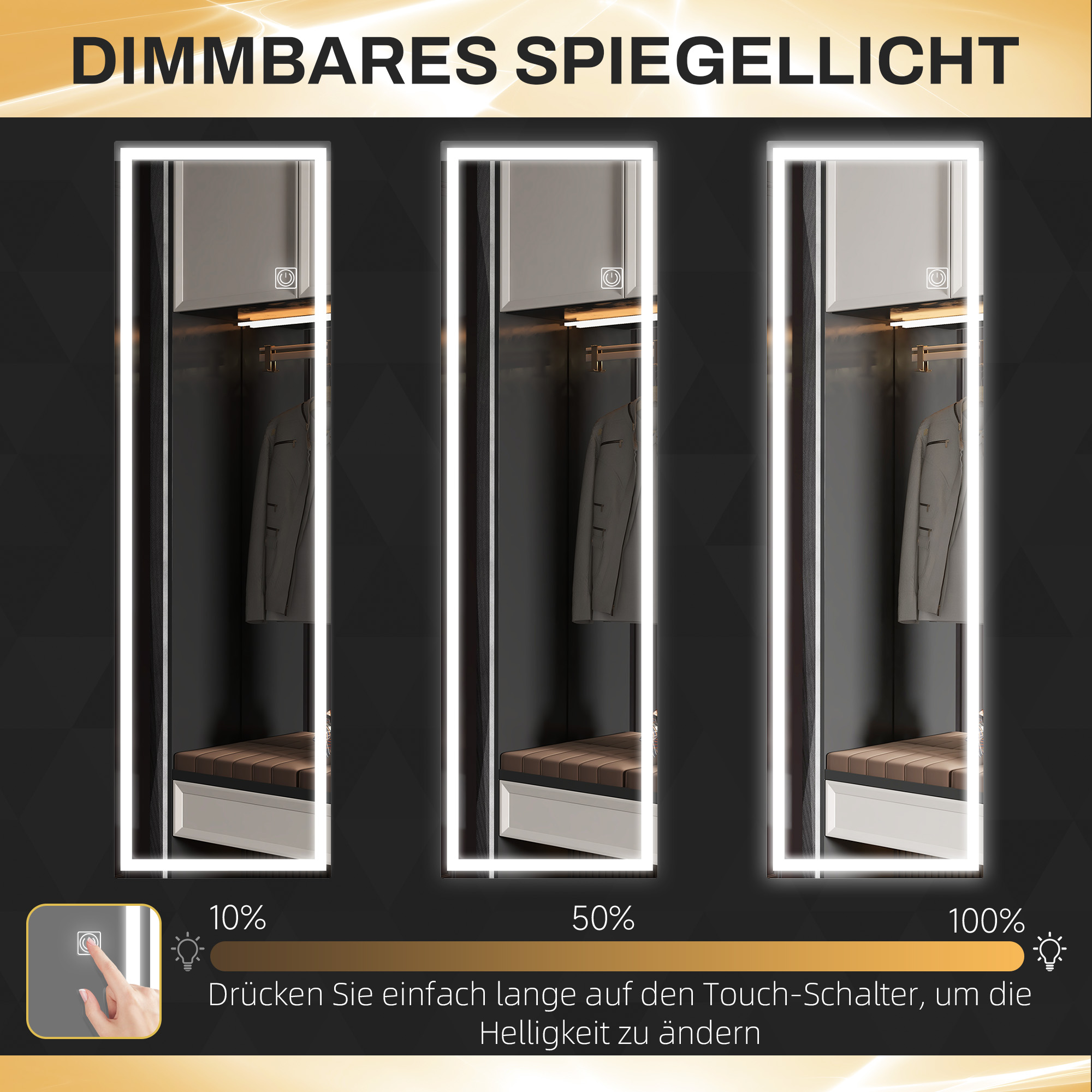 Ganzkörperspiegel mit LED, dimmbar, Touchsensor, Speicherfunktion, silber, 40x120 cm