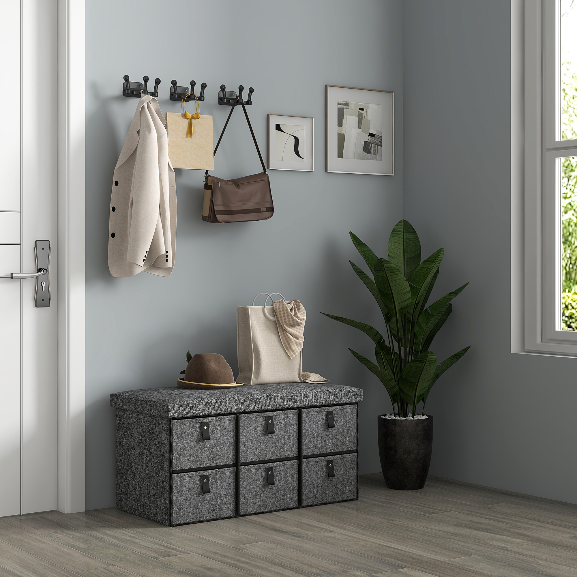 Gepolsterte Schuhbank, 6 Schuhfächer, MDF-Rahmen, Leinenoptik, Grau
