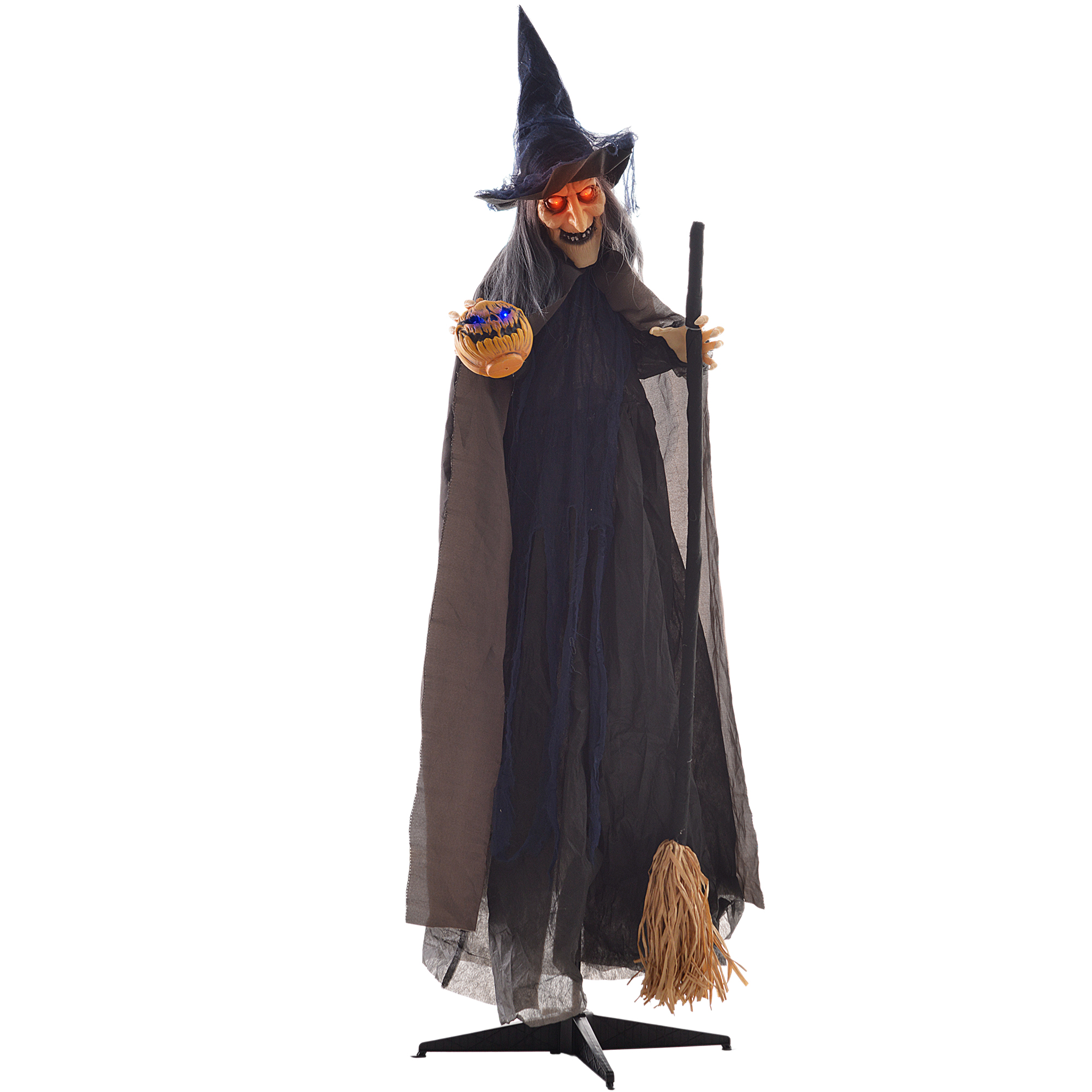 Halloweendekoration Hexe mit Besen, leuchtende Augen, gruselige Geräusche, biegsame Arme, 107x65x190 cm