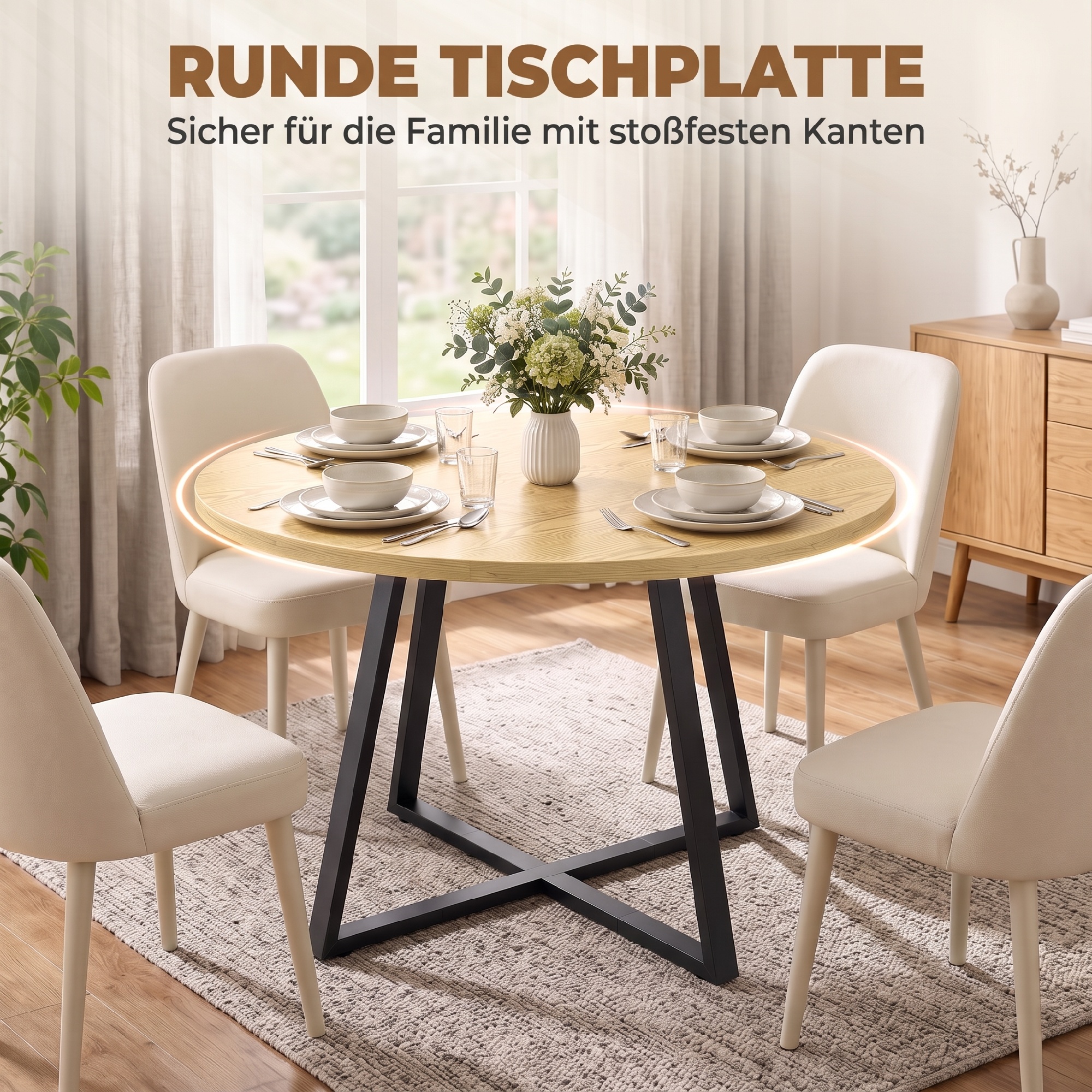 Runder Esstisch für 4 Personen Runder Küchentisch Stahlgestell 100cm Natur Schwarz