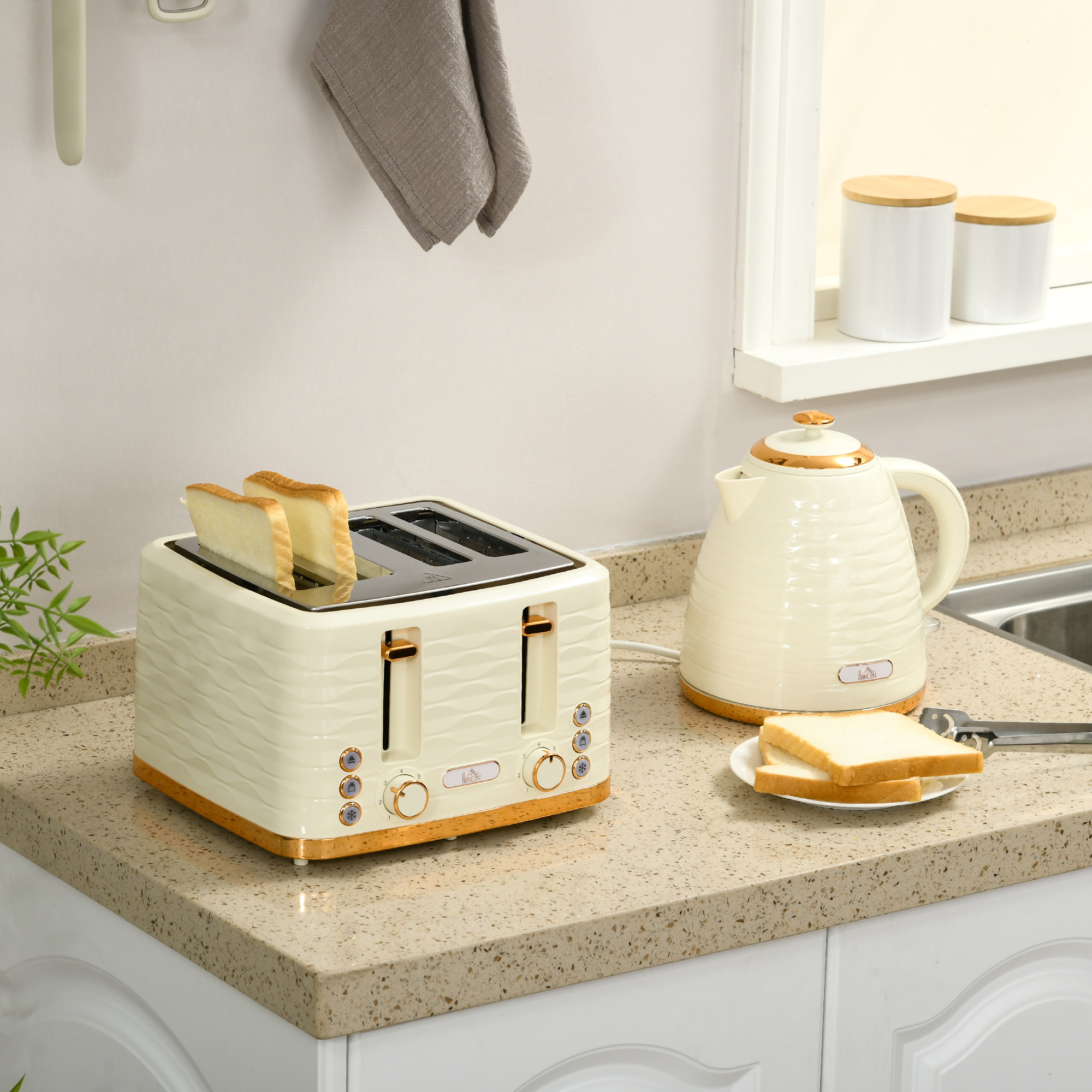 2-in-1 Toaster- und Wasserkocher-Set, 7 Bräunungsstufen, Auftau- und Aufwärmfunktion, Beige