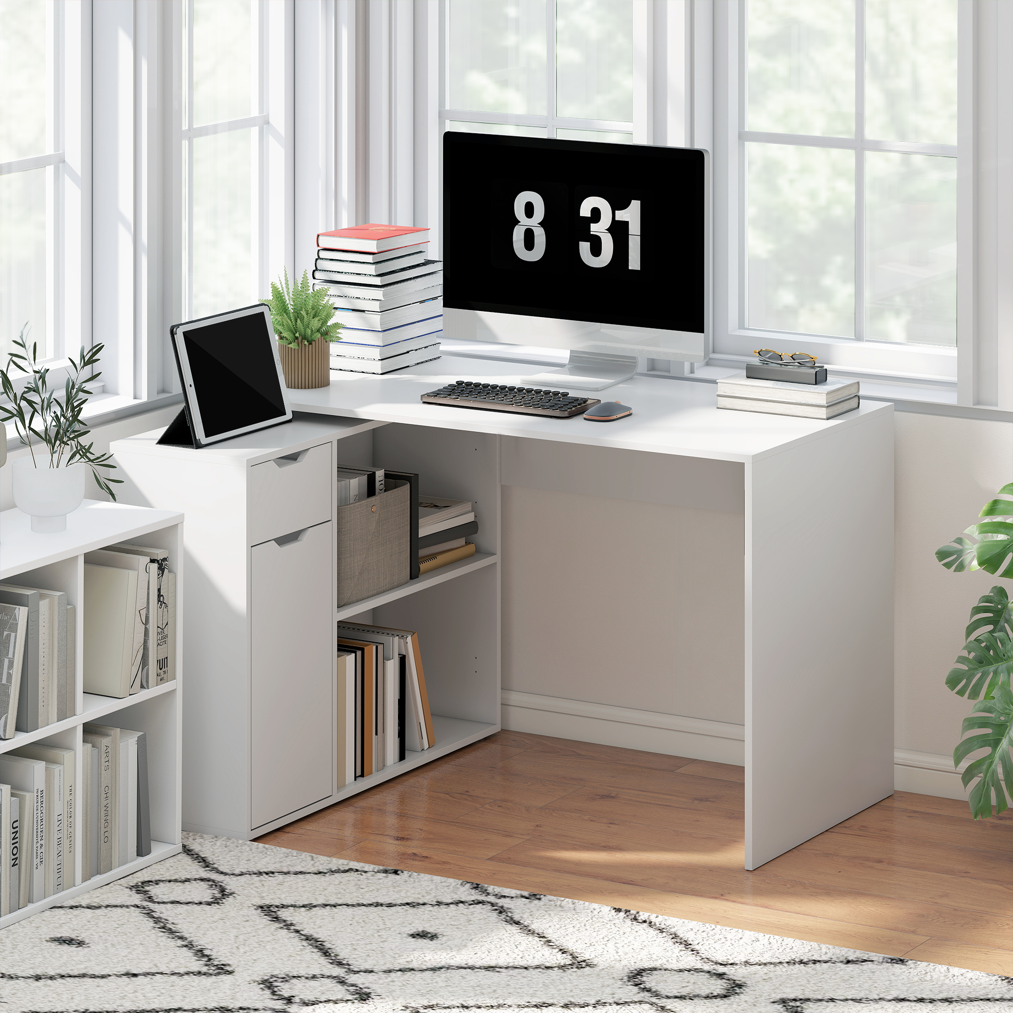 Flexibler Schreibtisch, 2-stufiger Schrank, Schublade, offene Fächer, Holz, Weiß