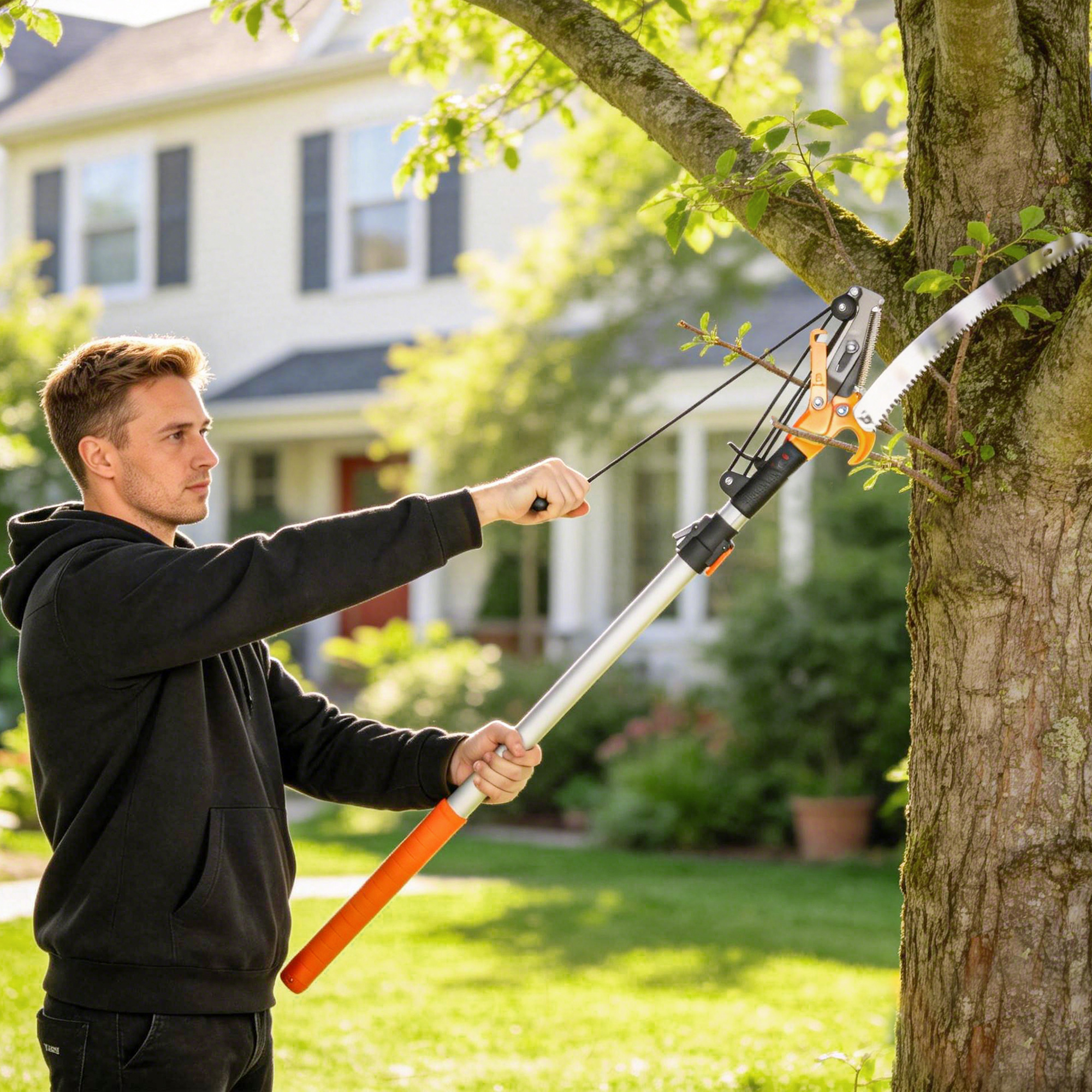 2-in-1 Astsäge mit integrierter Astschere Baumsäge mit Teleskopstiel 135/172/199 cm für hohe Äste Orange