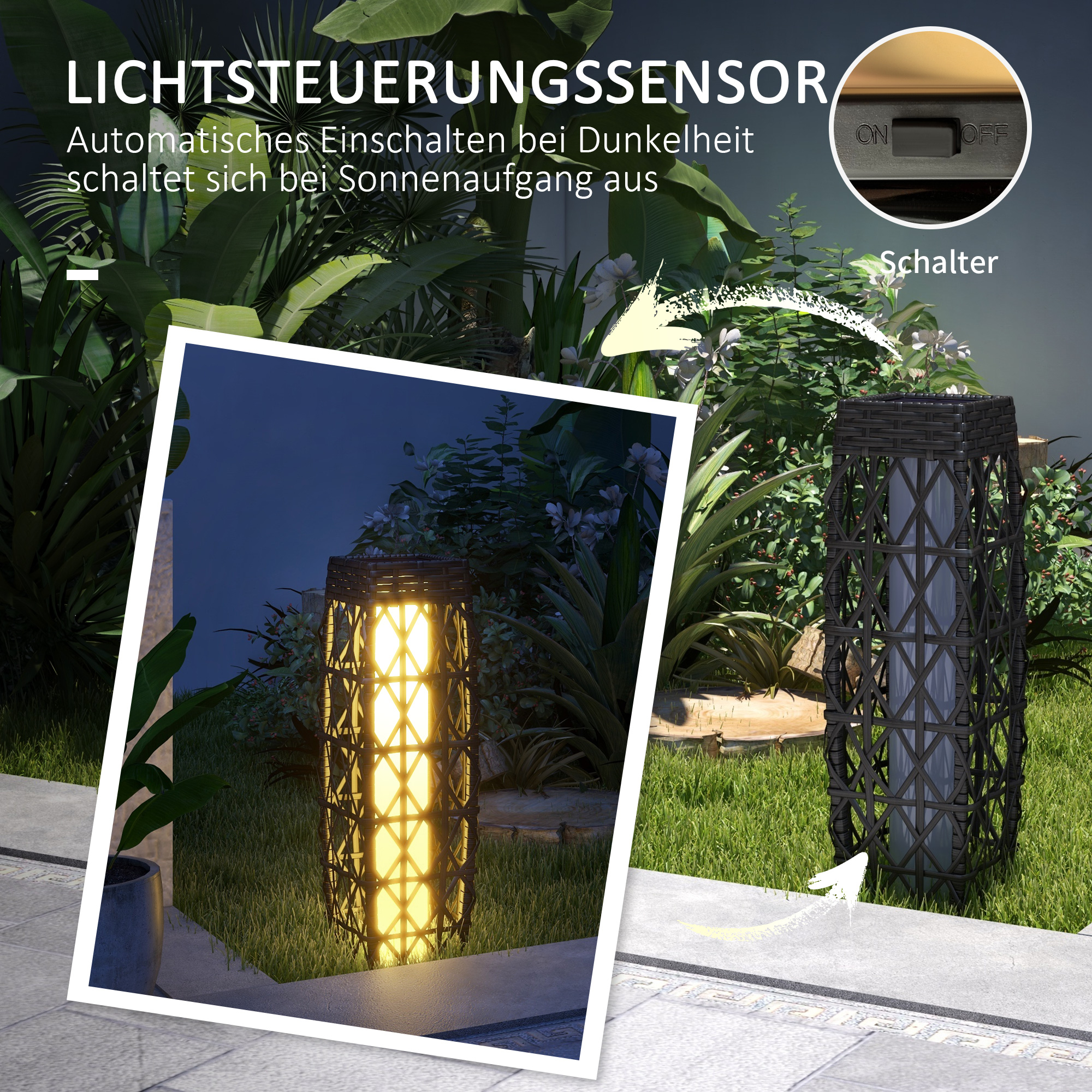 Rattan Außenleuchte, Solar Gartenlampe, Einschaltautomatik, LED, wetterfest, Metallrahmen, 20 x 20 x 68cm, Grau