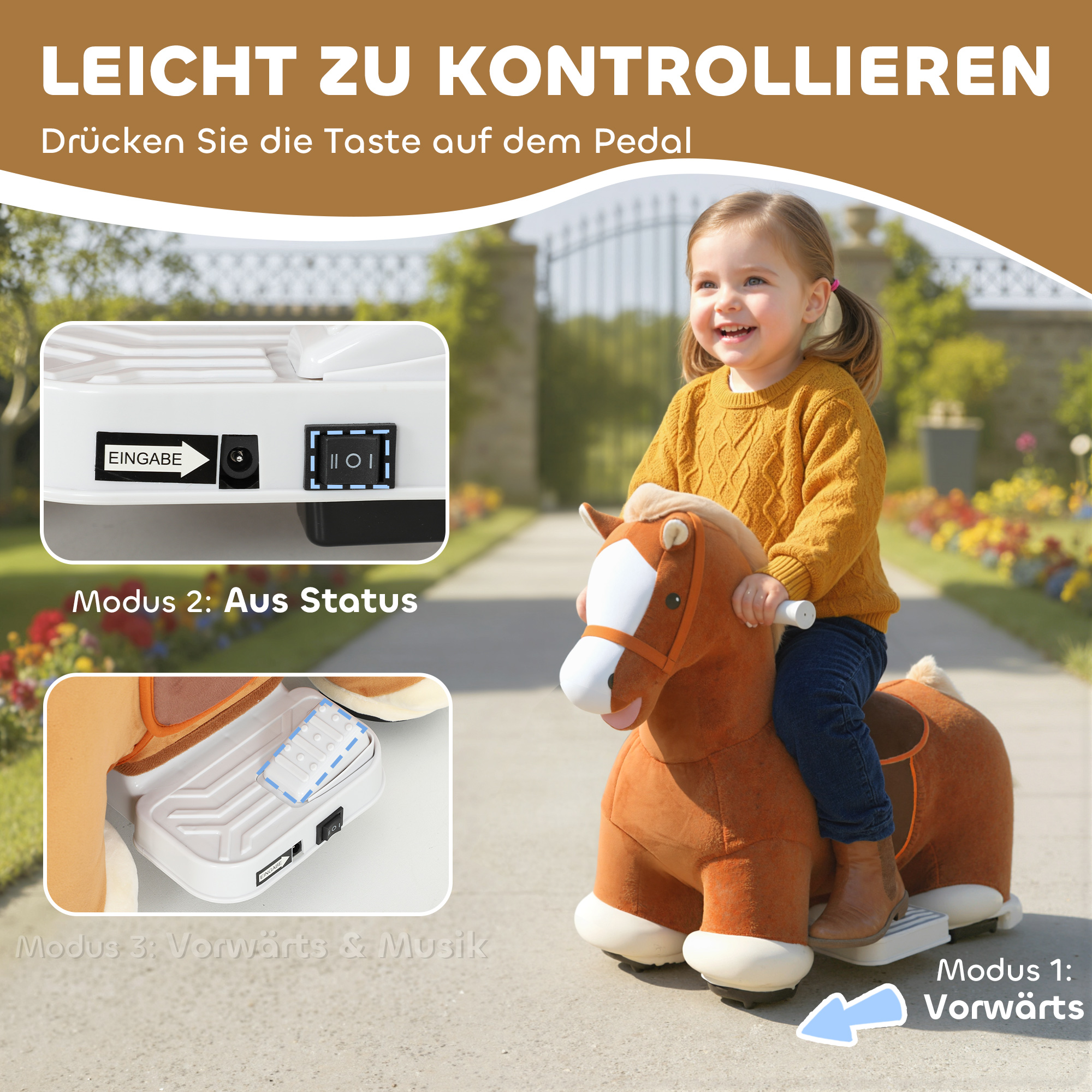 fahrbares Reitpferd für Kinder, weicher Bezug, Batteriebetrieb, Musik, Räder, 1,5-5 Jahre, Braun
