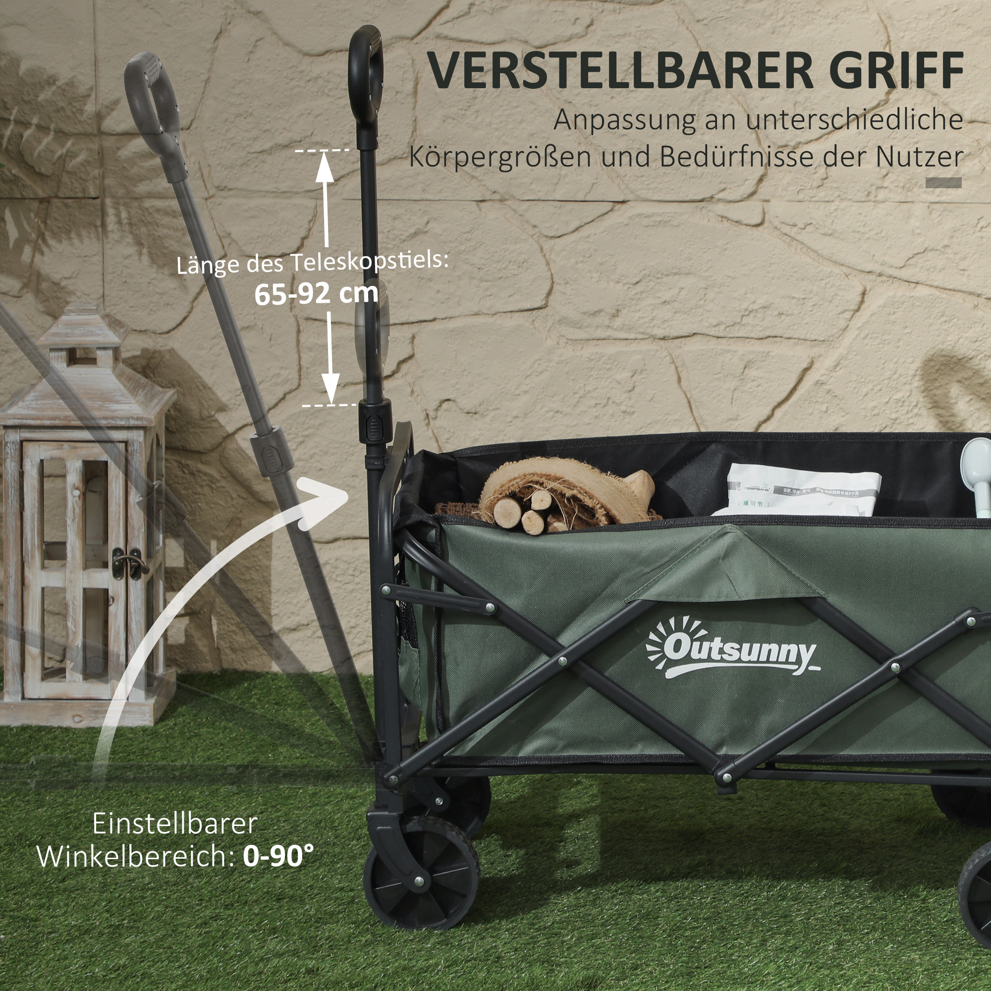 Gartenwagen 90 kg belastbar, klappbar Transportwagen mit herausnehmbare Plane, Griff, Rädern 72 Liter Grün