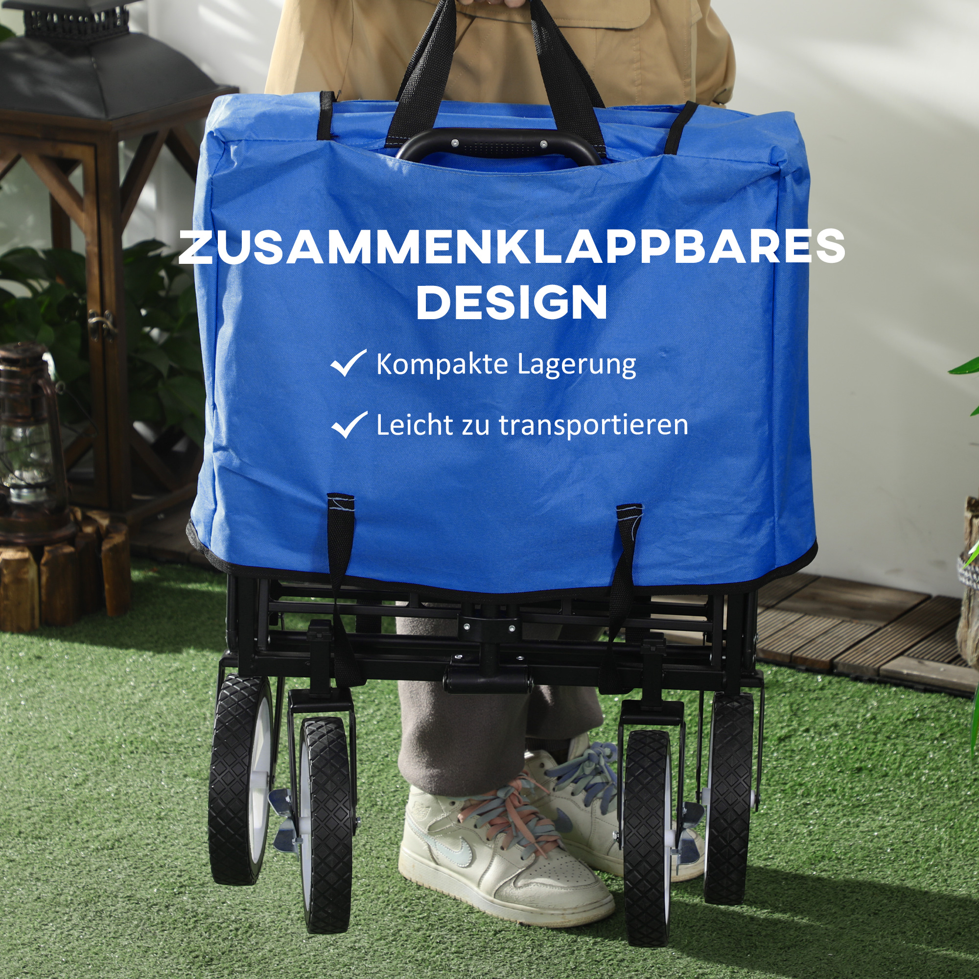 Bollerwagen Handwagen mit faltbar Bremsen Verstellbarem Griff Transportwagen 68 KG Belastbar, Strandwagen Gartenwagen für Strand Garten Einkauf Shopping