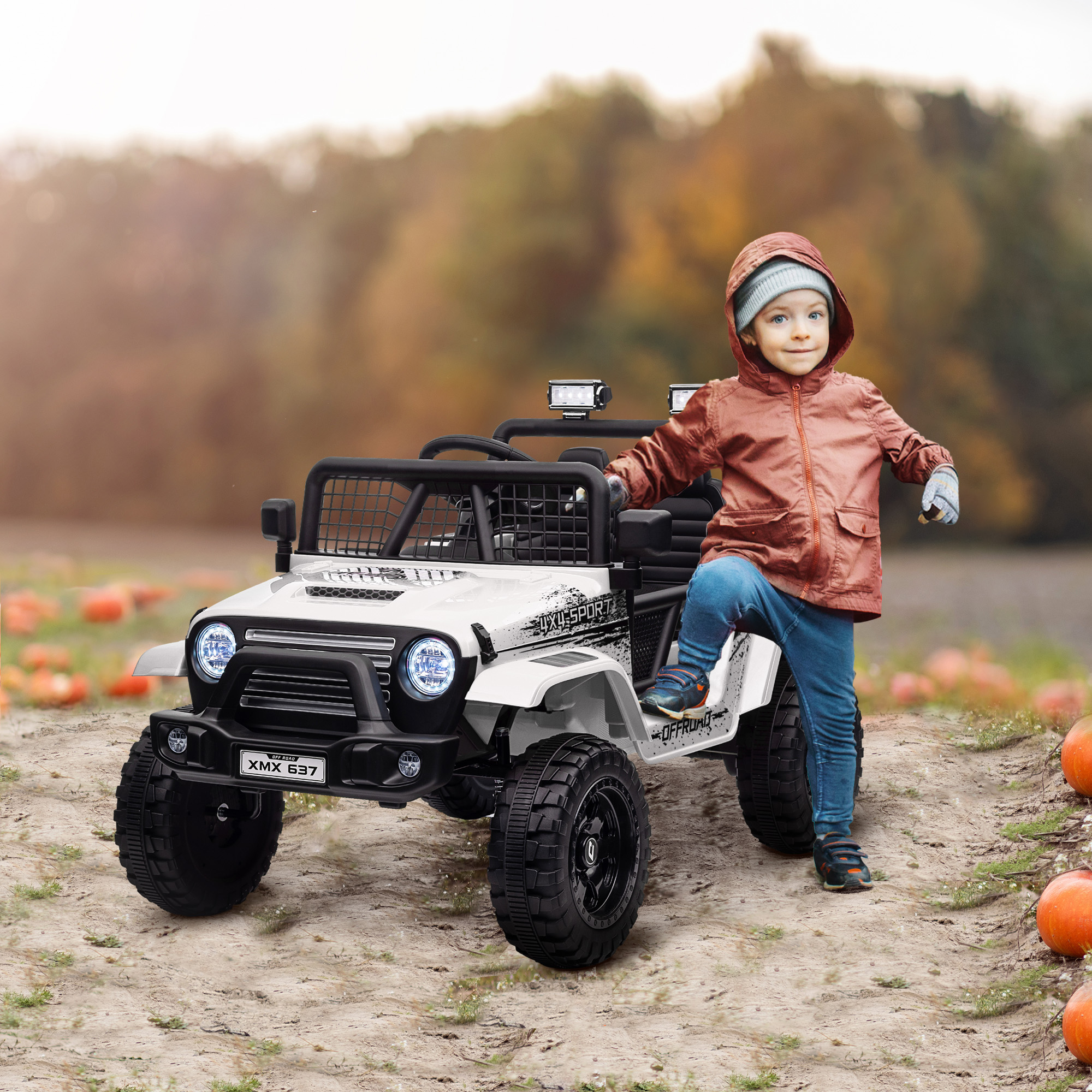 Kinder-Elektroauto mit sanfter Federung, fernsteuerbar, LED-Lichter, Hupe, 12V-Motoren, aus Kunststoff und Metall, Weiß