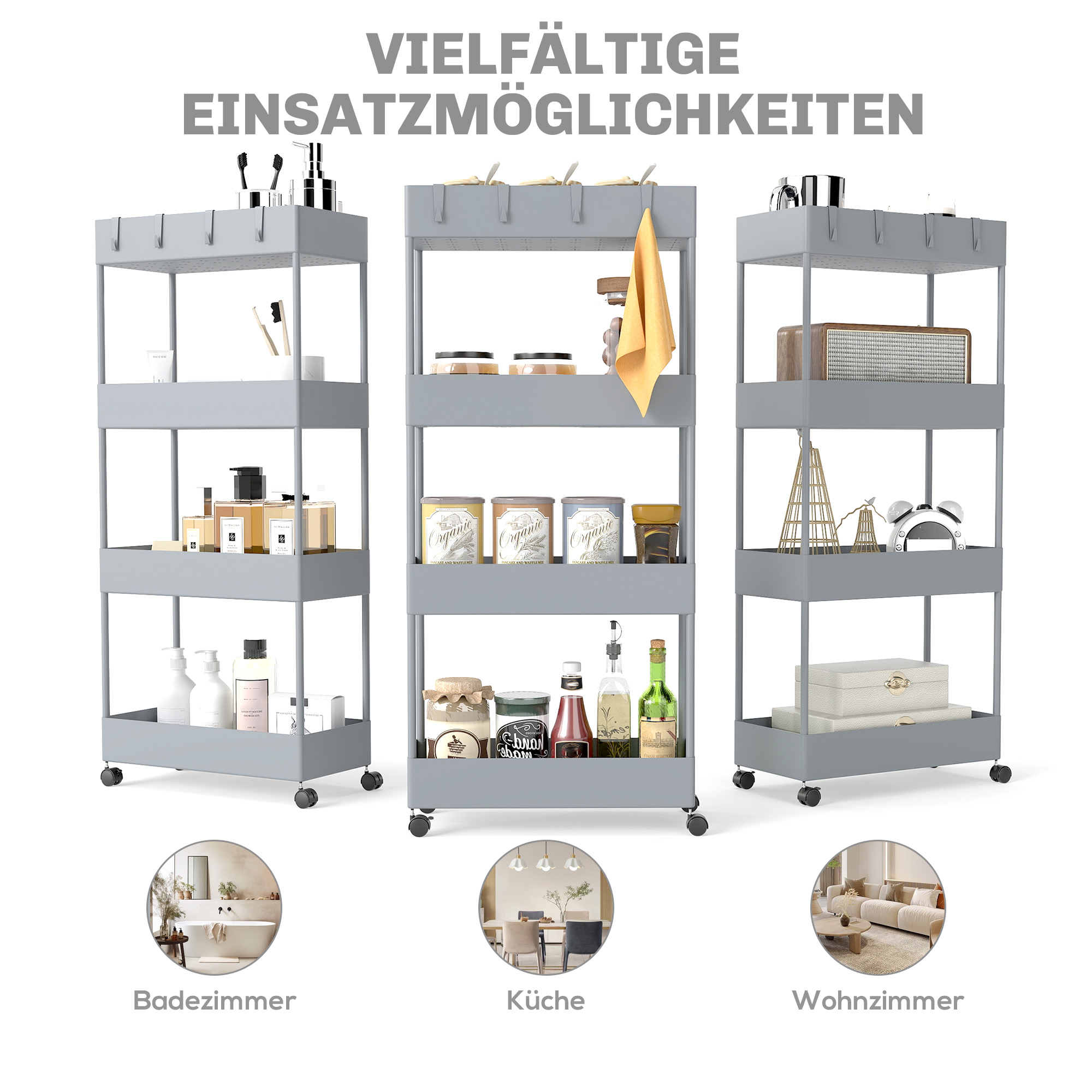 Küchenwagen mit 4 Regalen, 4 flexiblen Haken, 4 Rollen, 40 cm x 19 cm x 90 cm, Nischenwagen, Grau