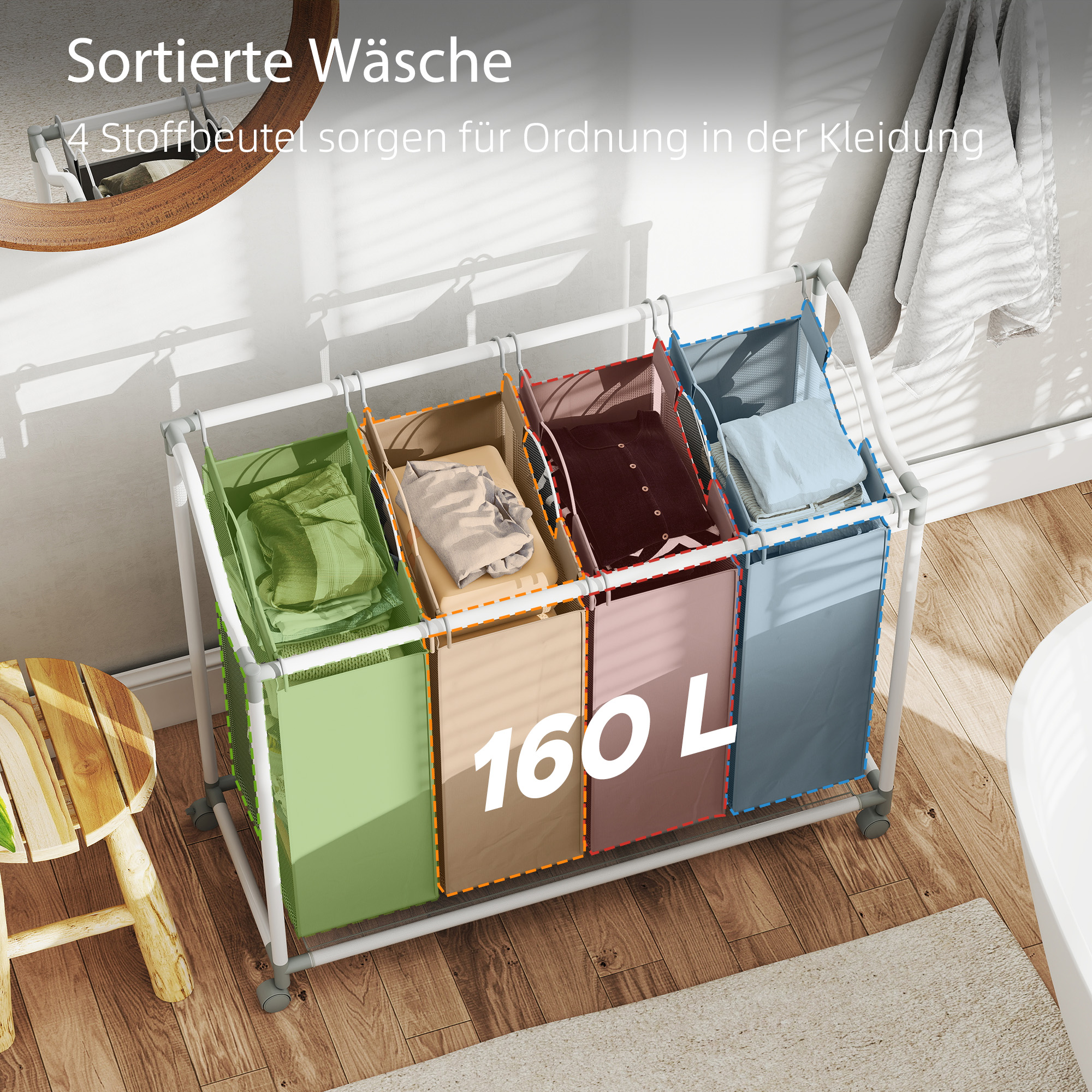 Wäschekorb mit 4 Fächer 160 L Wäschesammler mit Rädern, herausnehmbarer Wäschesack, 97 x 38 x 81 cm, Grau