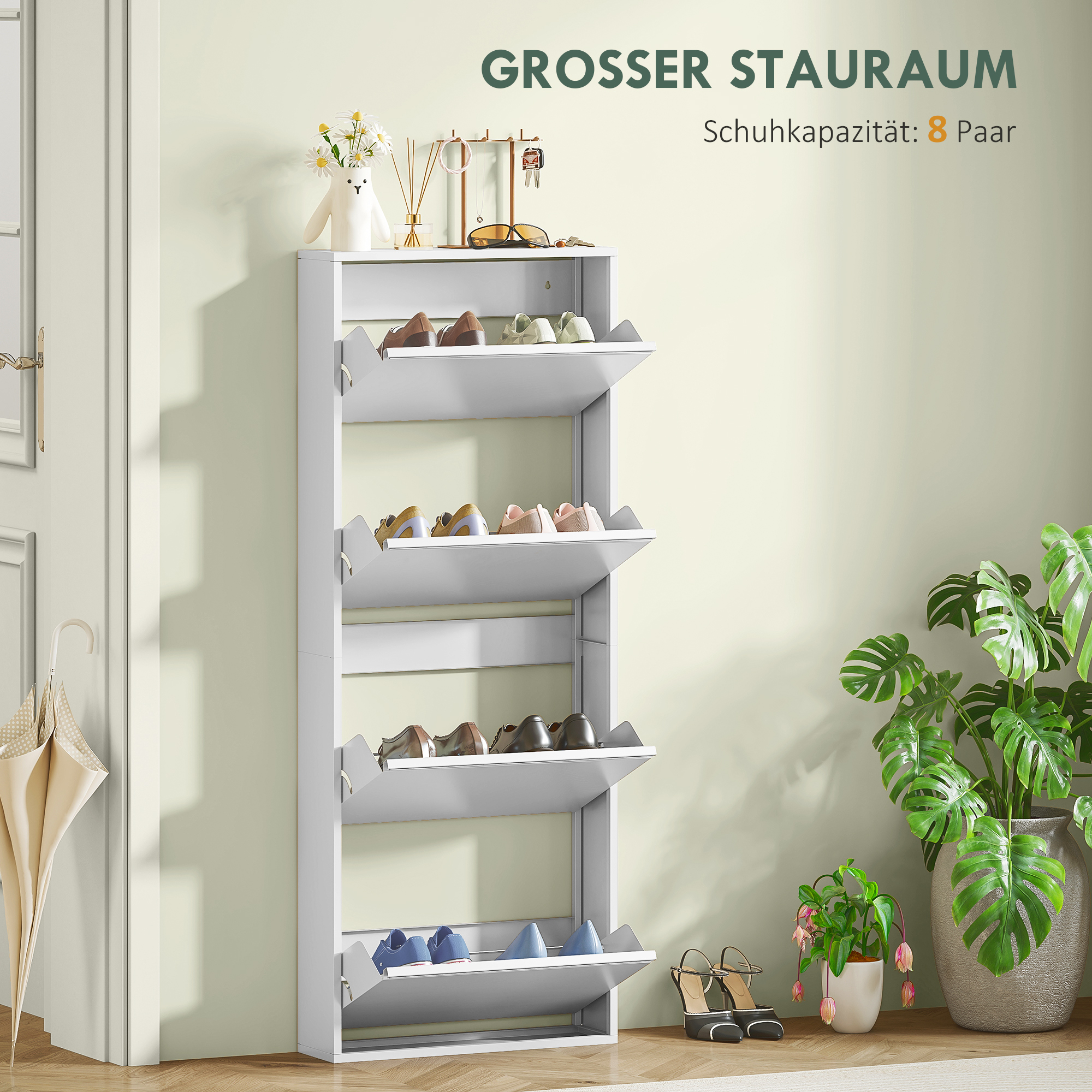 Schmaler Schuhschrank aus Metall für bis zu 8 Paar Schuhe, 4 Kippschubladen, für Flur, Eingangsbereich, Weiß