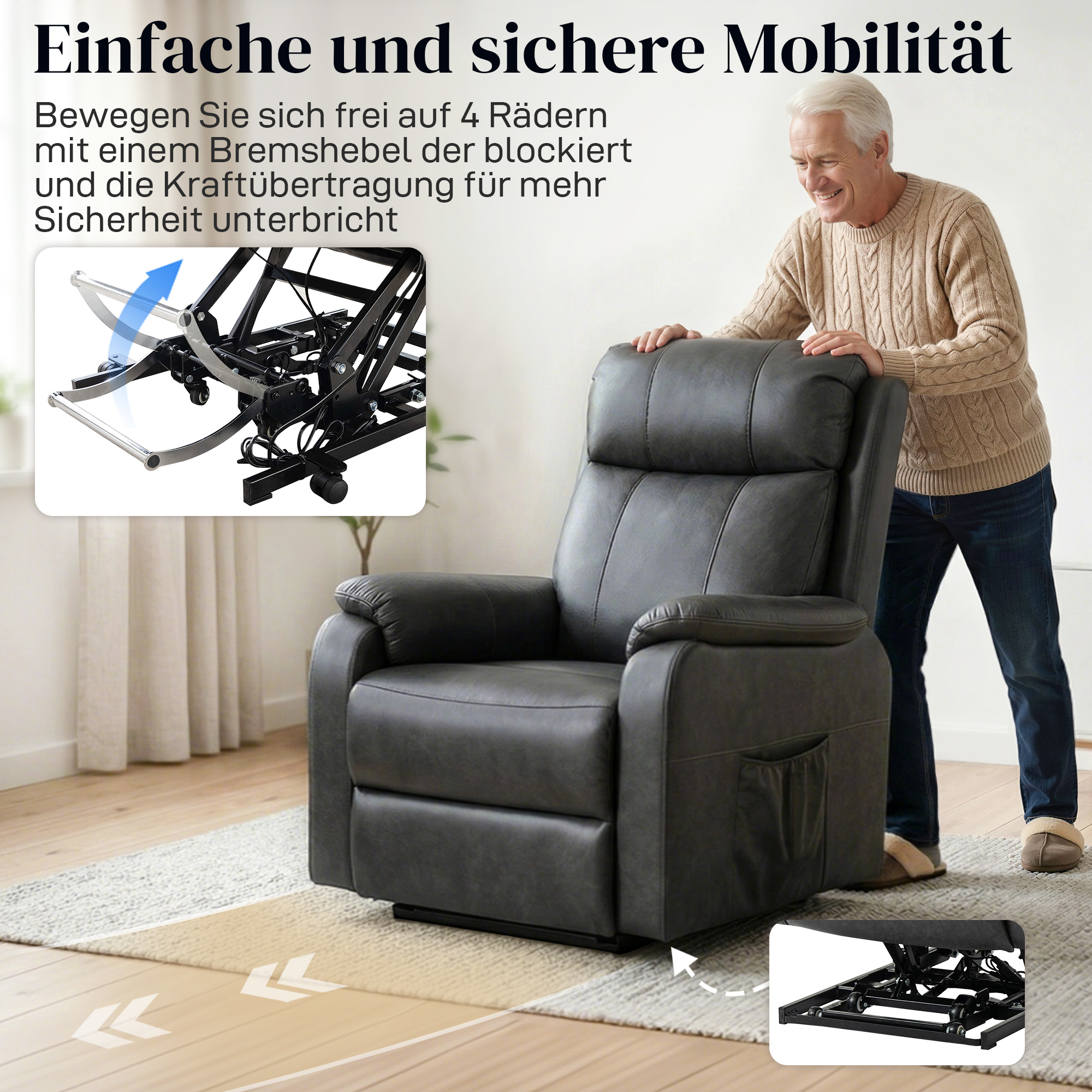 Riser- und Relaxsessel für Senioren, Elektrischer Lift-Sessel aus Kunstleder mit Doppelmotor, Federkissen, Schwarz