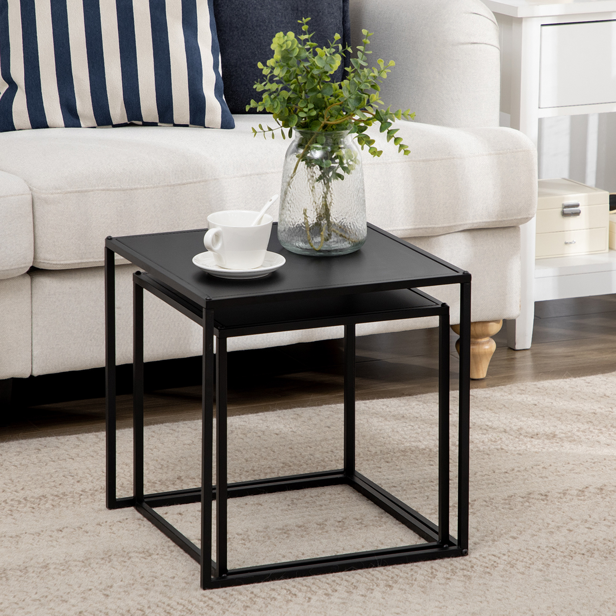 Beistelltisch, Couchtisch, Satztisch, 2er-Set, modernes Design, Stahlrahmen, schwarz, 40 x 40 x 40cm