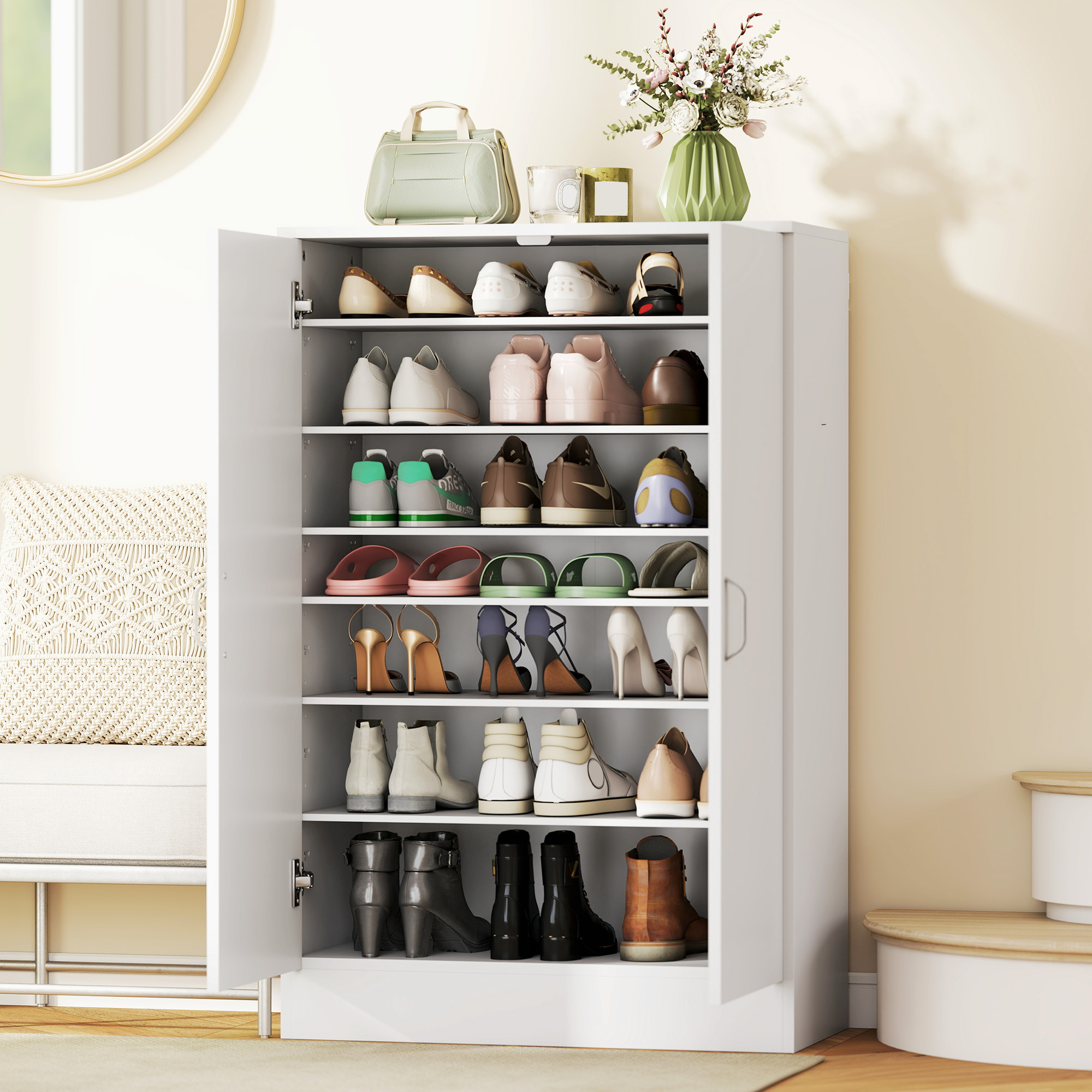 Schuhschrank mit 2 Türen, 6 verstellbare Regalböden, Soft-Close-Scharniere für 21 Paar, Weiß