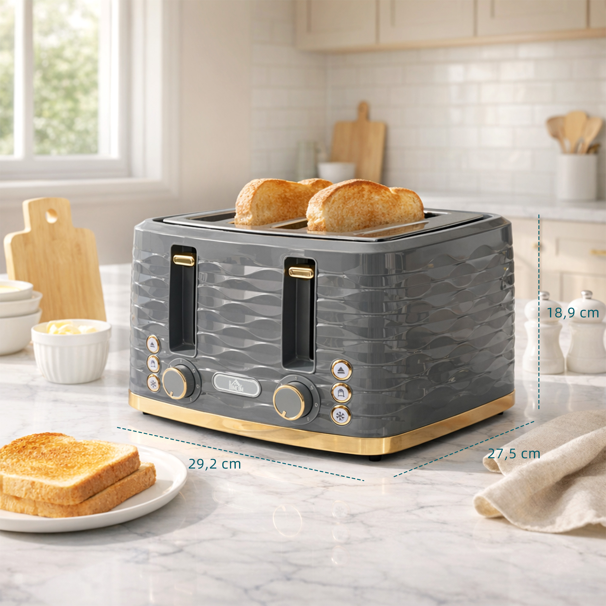 Toaster für 4 Scheiben mit 7 Bräunungsstufen, High-Lift, Aufwärm-/Auftau-/Abbruchs-Funktion, Graue Wellenoptik