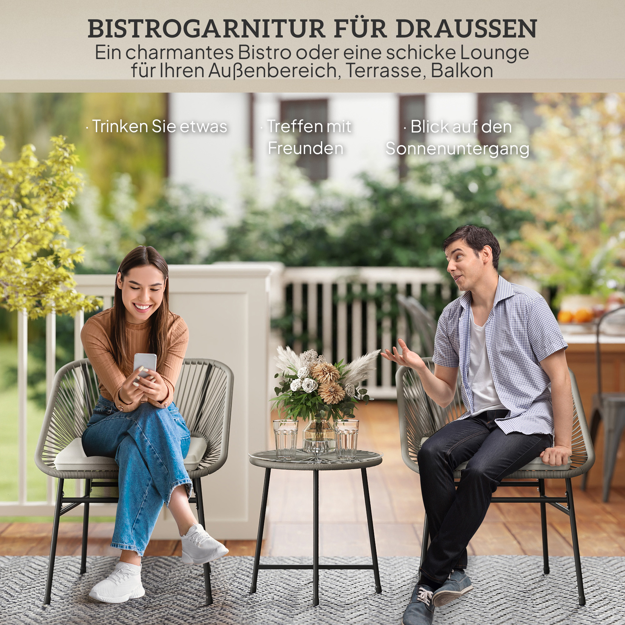 3-teiliges Outdoor-Möbelset, 1 Tisch, 2 Stühle, Rattan-Geflecht, Stahlrahmen, Kaffeetisch mit Glasplatte, Dunkelgrau