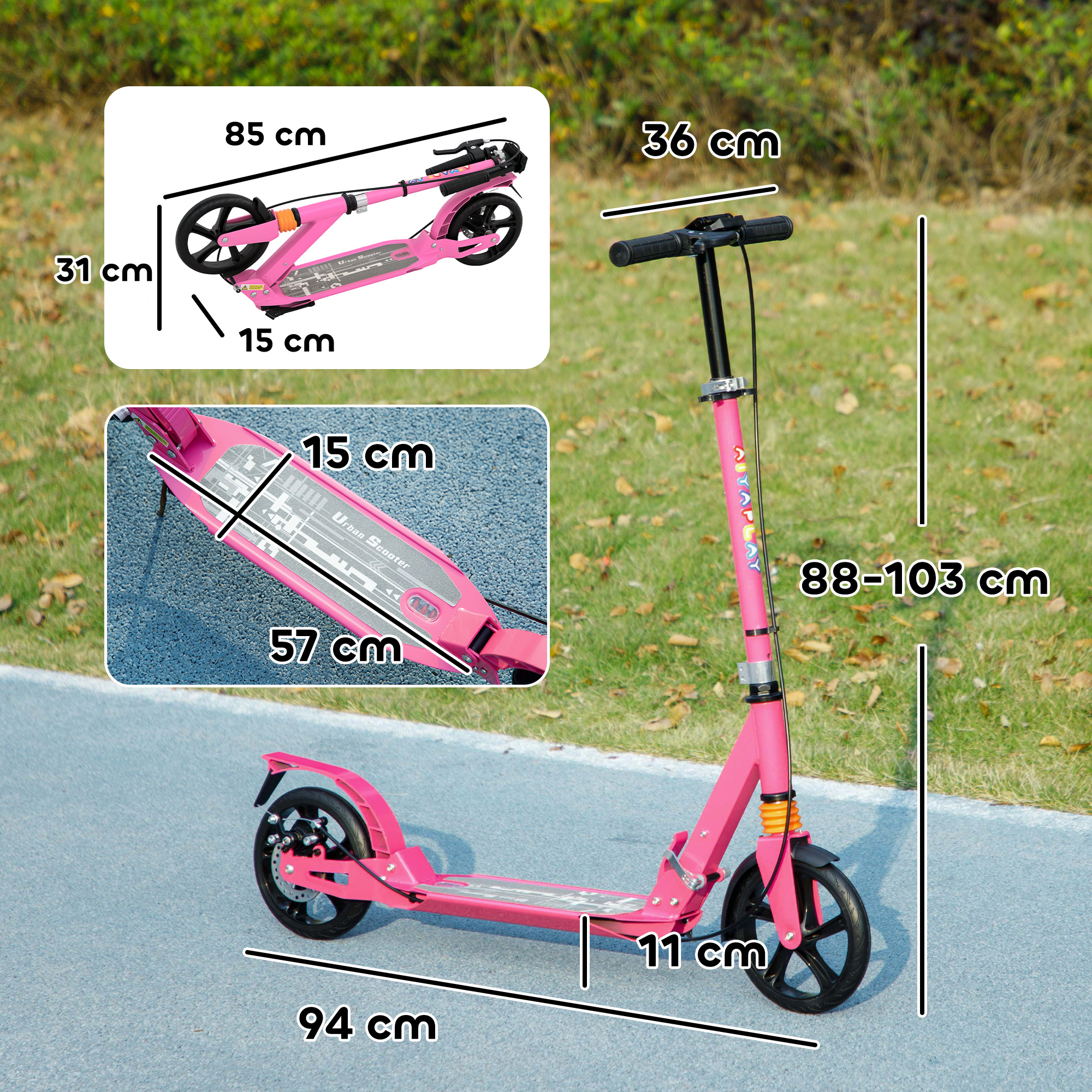 Roller Kinder Scooter mit verstellbaren Griffen klappbarer Kinderroller für Kinder 6-12 Jahre 94 x 36 x 88-103 cm Rosa