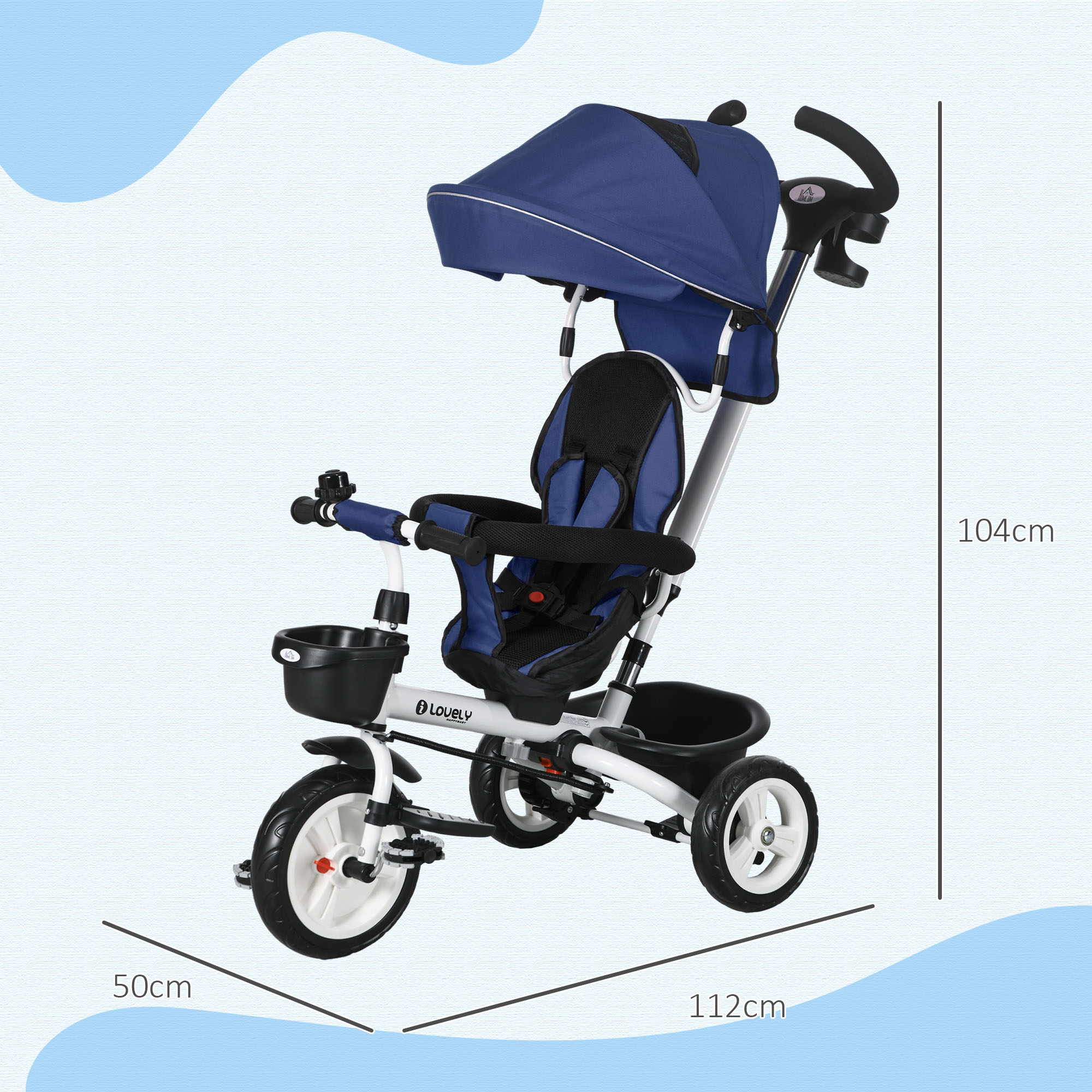 6-in-1 Kinderdreirad mit Schiebestange, Dach, Gurt, Ablagekorb, 18+ Monate, Dunkelblau