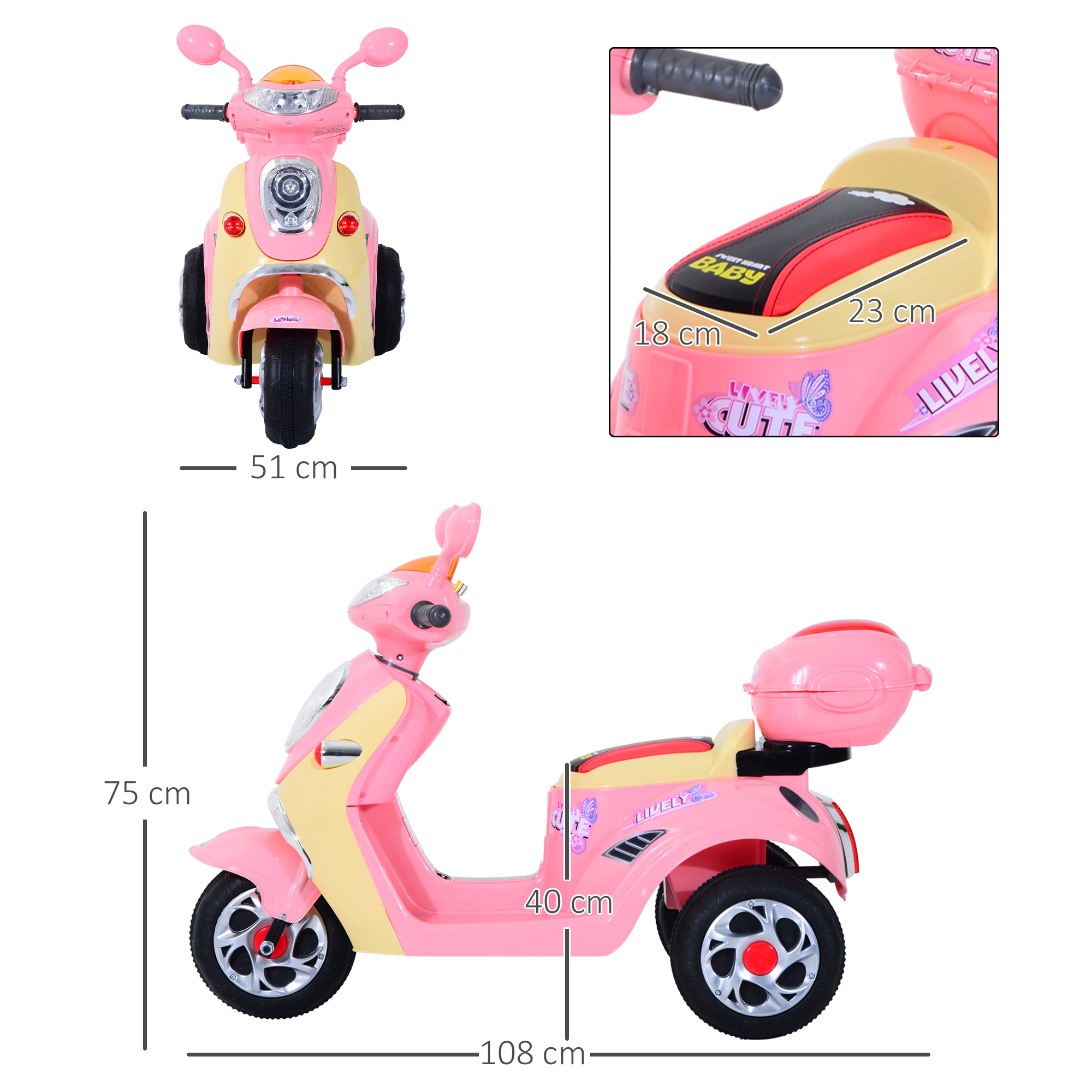 Elektro Kindermotorrad Elektromotorrad Kinderelektroauto Kinderfahrzeug Dreirad, 6V, Metall+PP, 108x51x75cm (Rosa+Gelb)