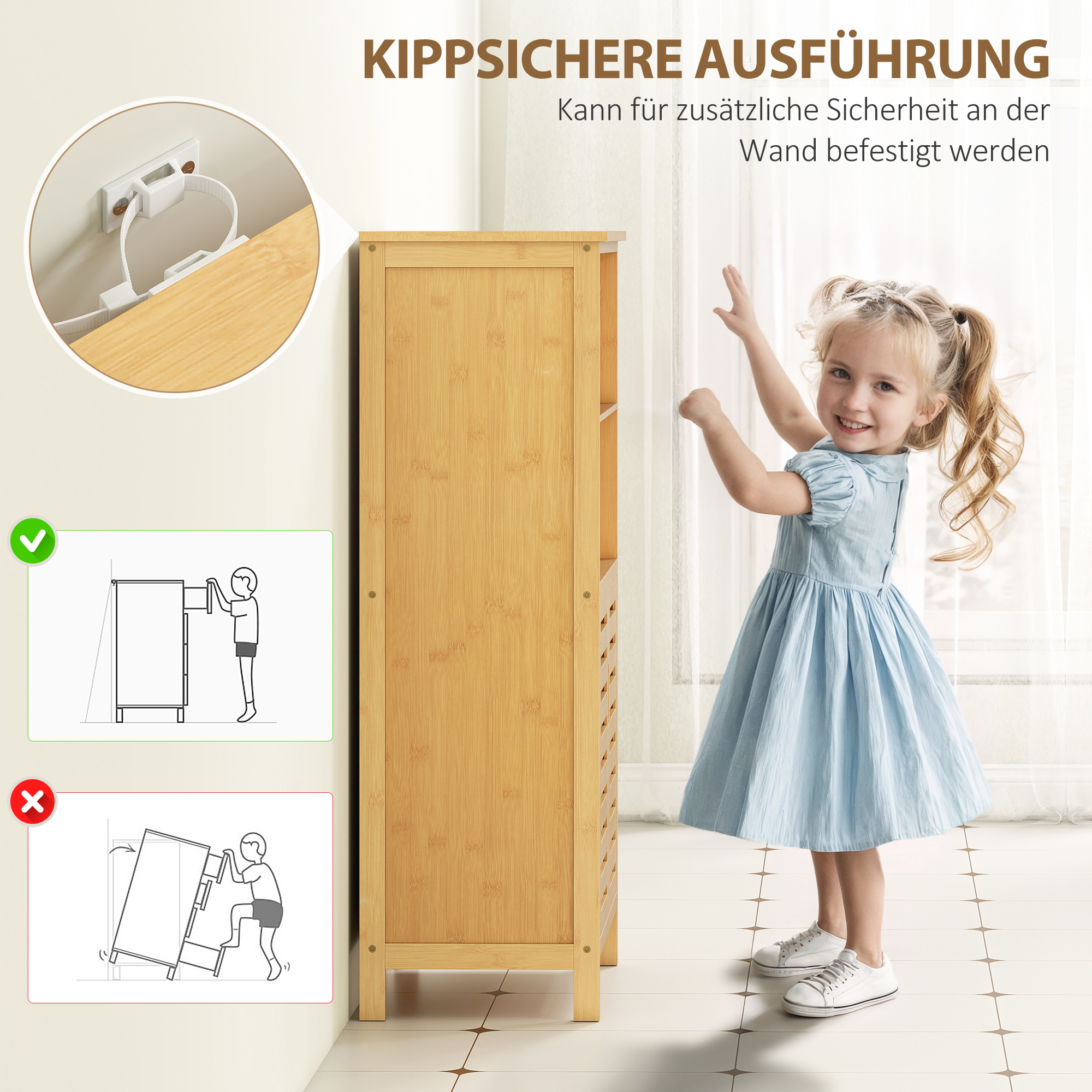 Badezimmerschrank aus Bambus, mit Lamellentüren, 2 Regale, 1 Schrank, 50 cm x 29 cm x 92 cm, Natur