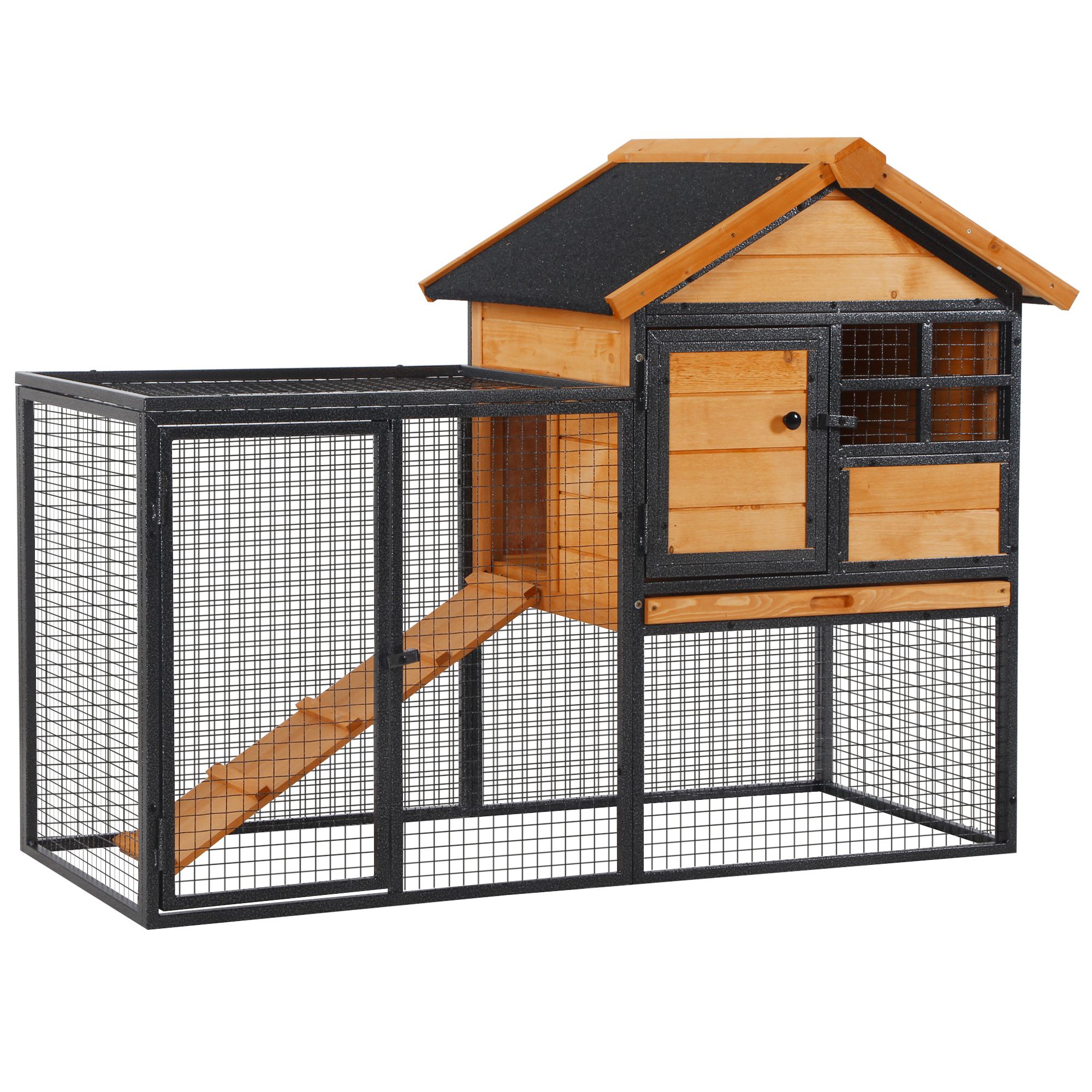 Kleintierstall mit Freigehege u. Rampe 122 cm x 63 cm x 92 cm Tannenholz Metall Hellgelb+Dunkelgrau