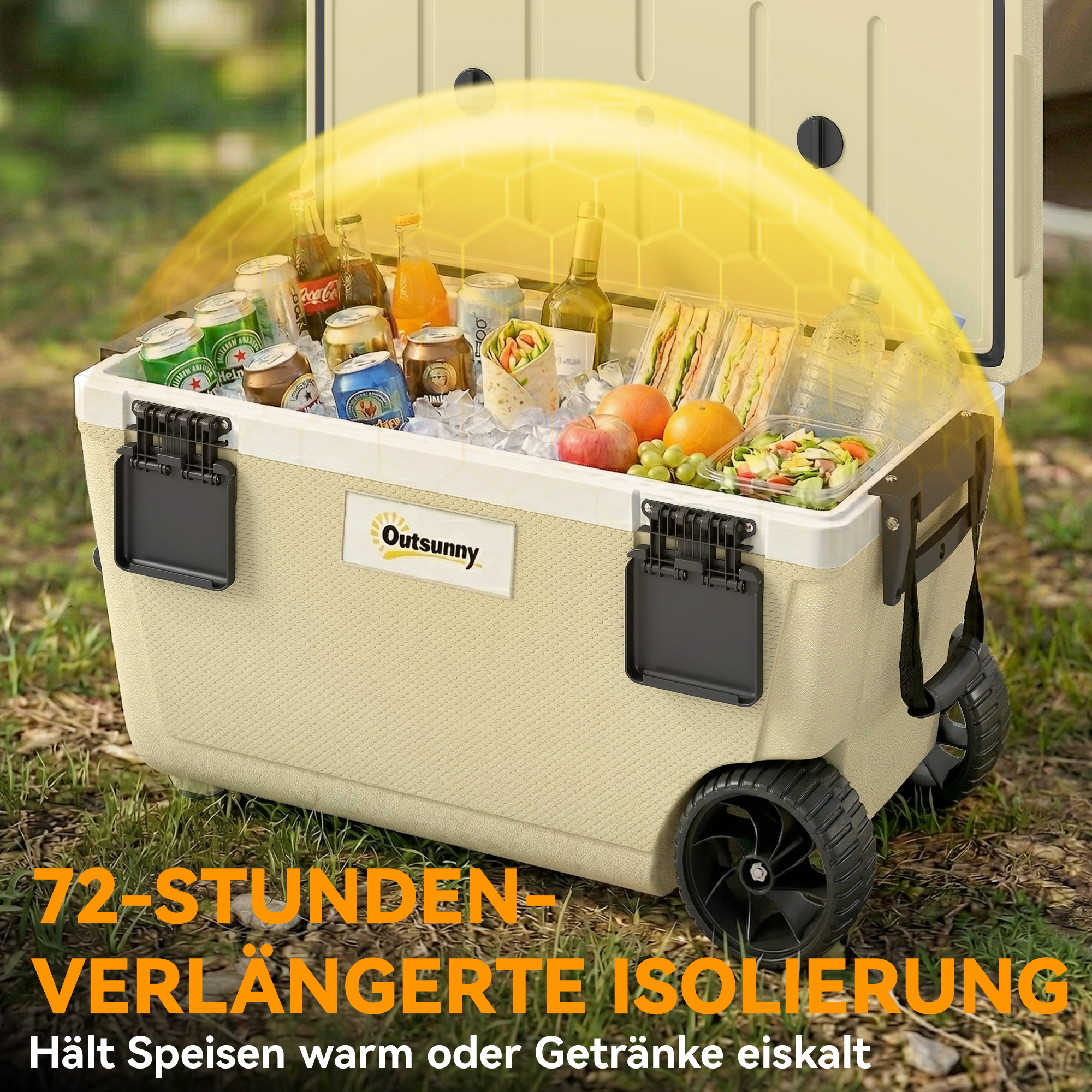 Kühlbox 70L Große Passive Thermobox bis zu 72 Std. Kühlung, mit PU-Vollschaumisolierung Rädern Ablassventil Griff