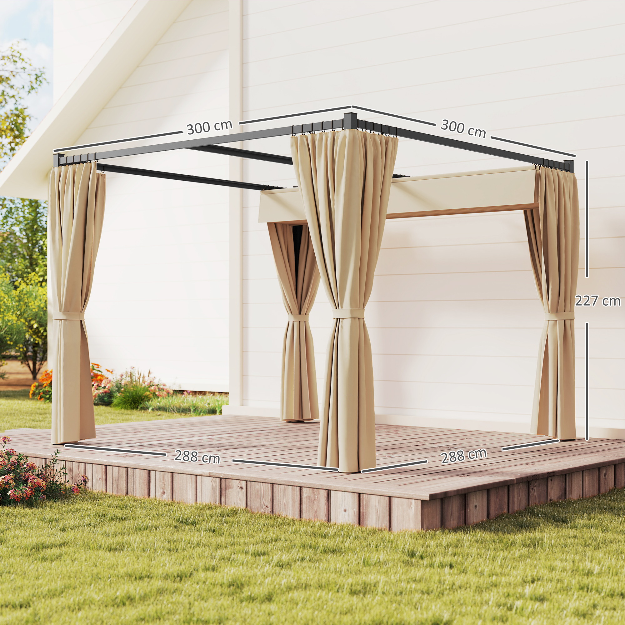 Pergola 3 x 3 m Freistehend Terrassenüberdachung mit Schiebedach, 4 Seitenwände UV-beständig Beige
